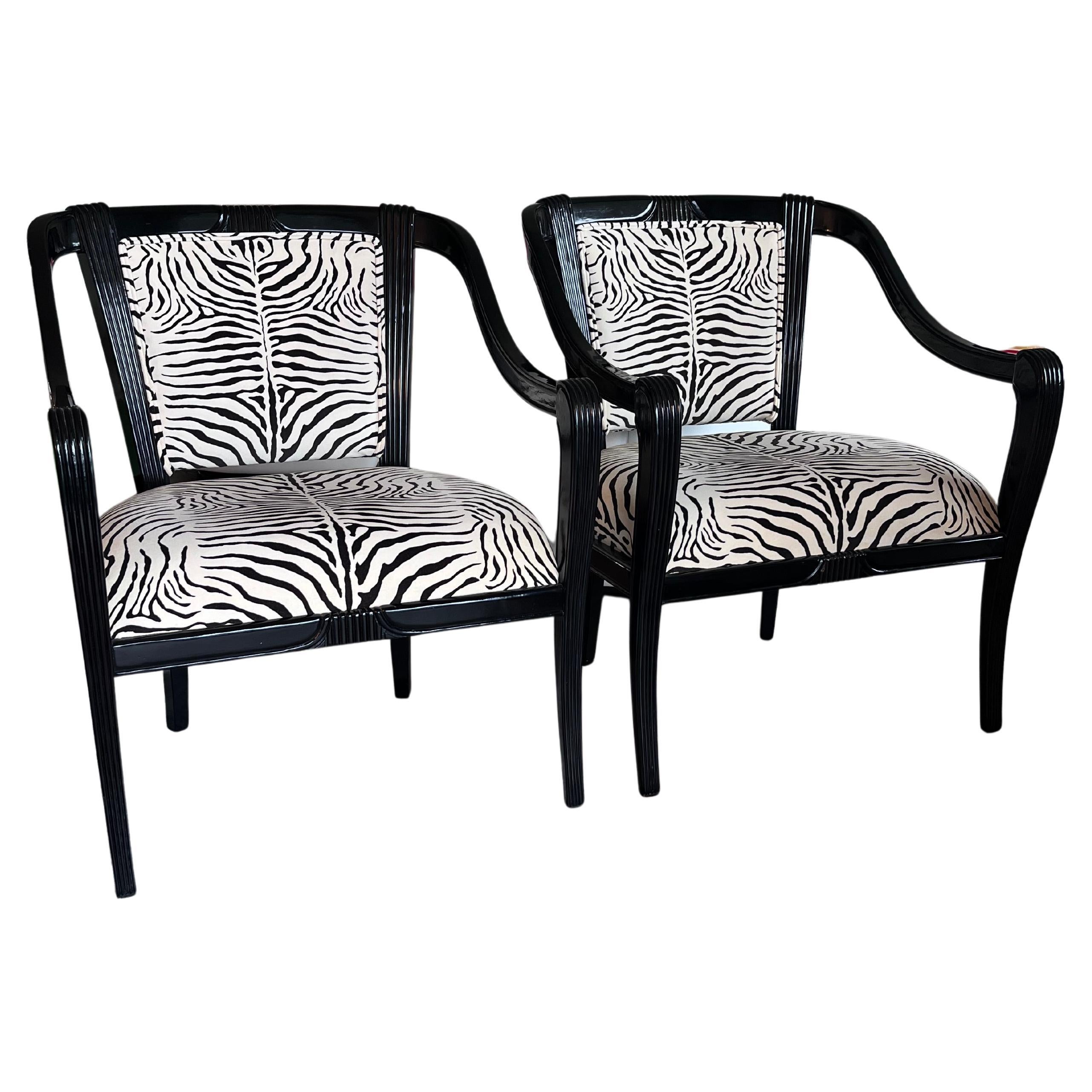 Super Chic Pair of Black Glossy and Cotton Velvet Zebra Armchairs
