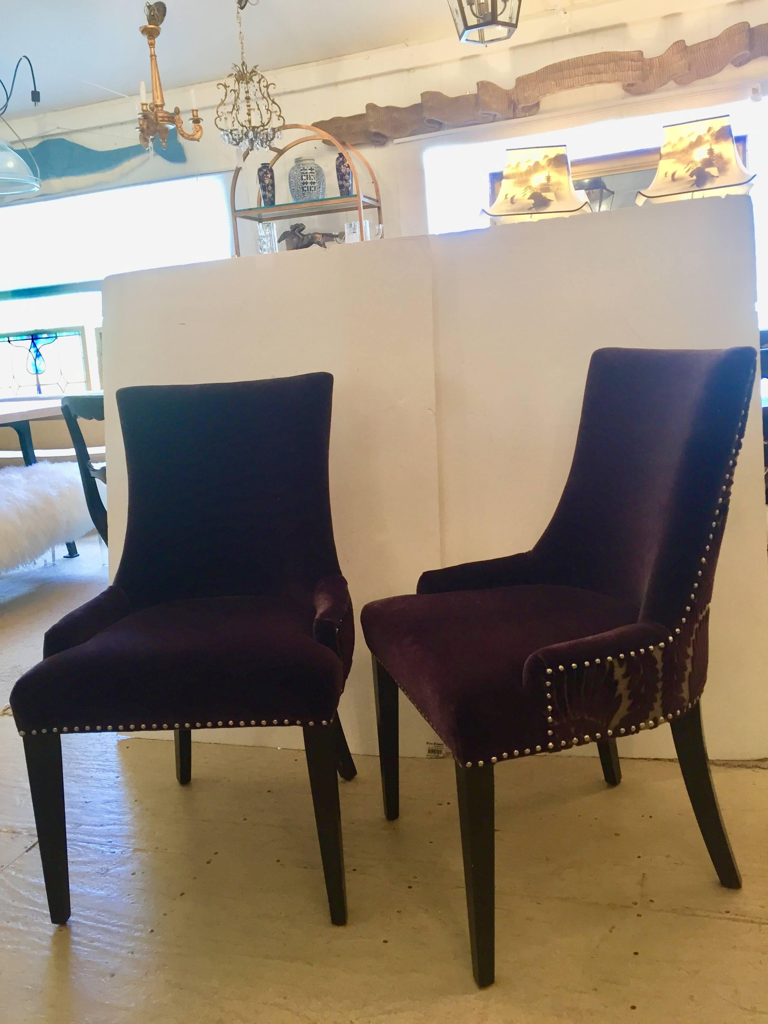 Super chic custom upholstered Restoration Hardware chairs in plush dark purple mohair with Osborne and Little cut velvet fabric on the backs, finished with nailheads. Great at the ends of an elegant dining table, or as living room chairs.