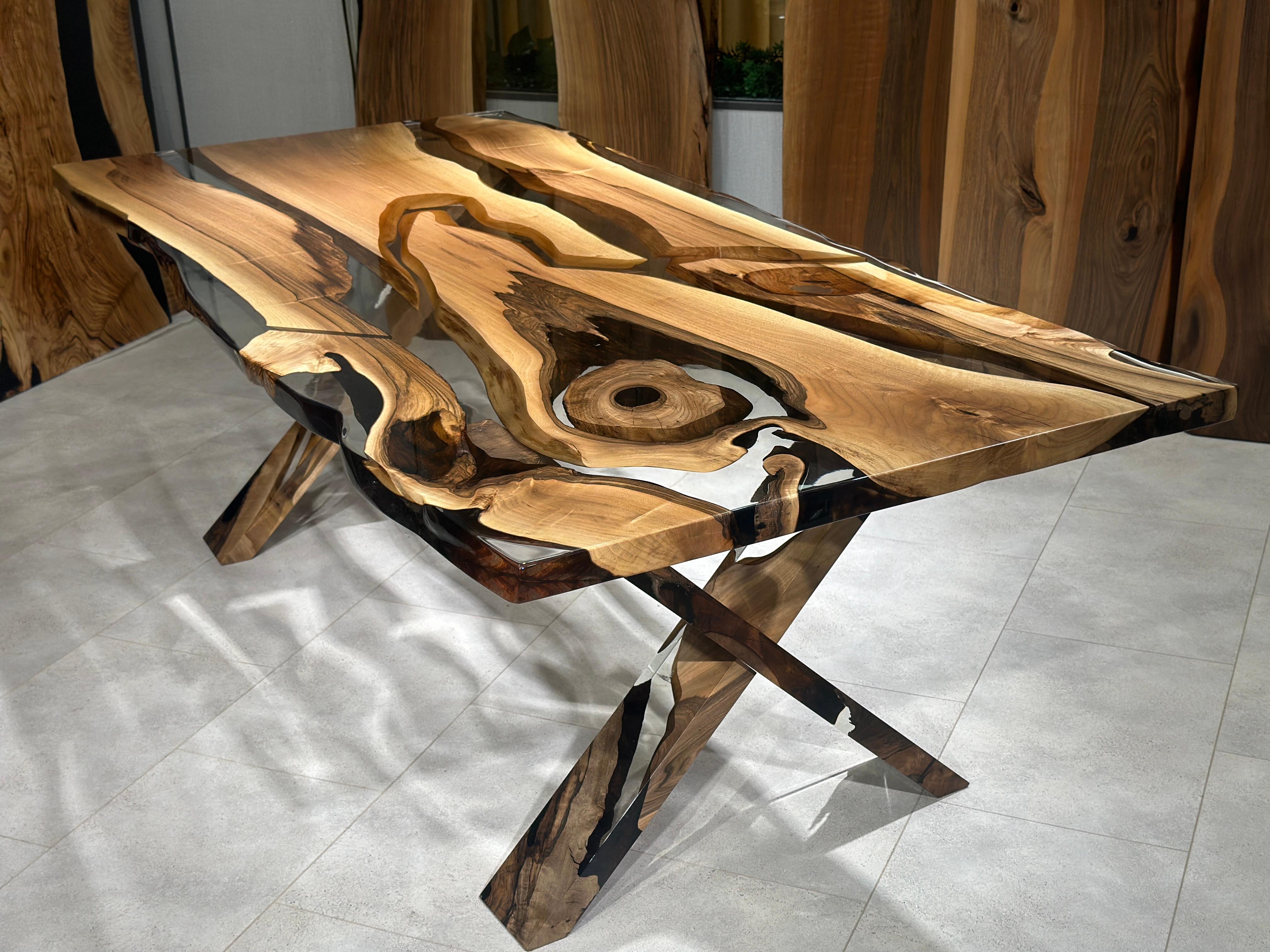 Super Clear Black Walnut Wood Epoxy Resin River Dining Table For Sale 3