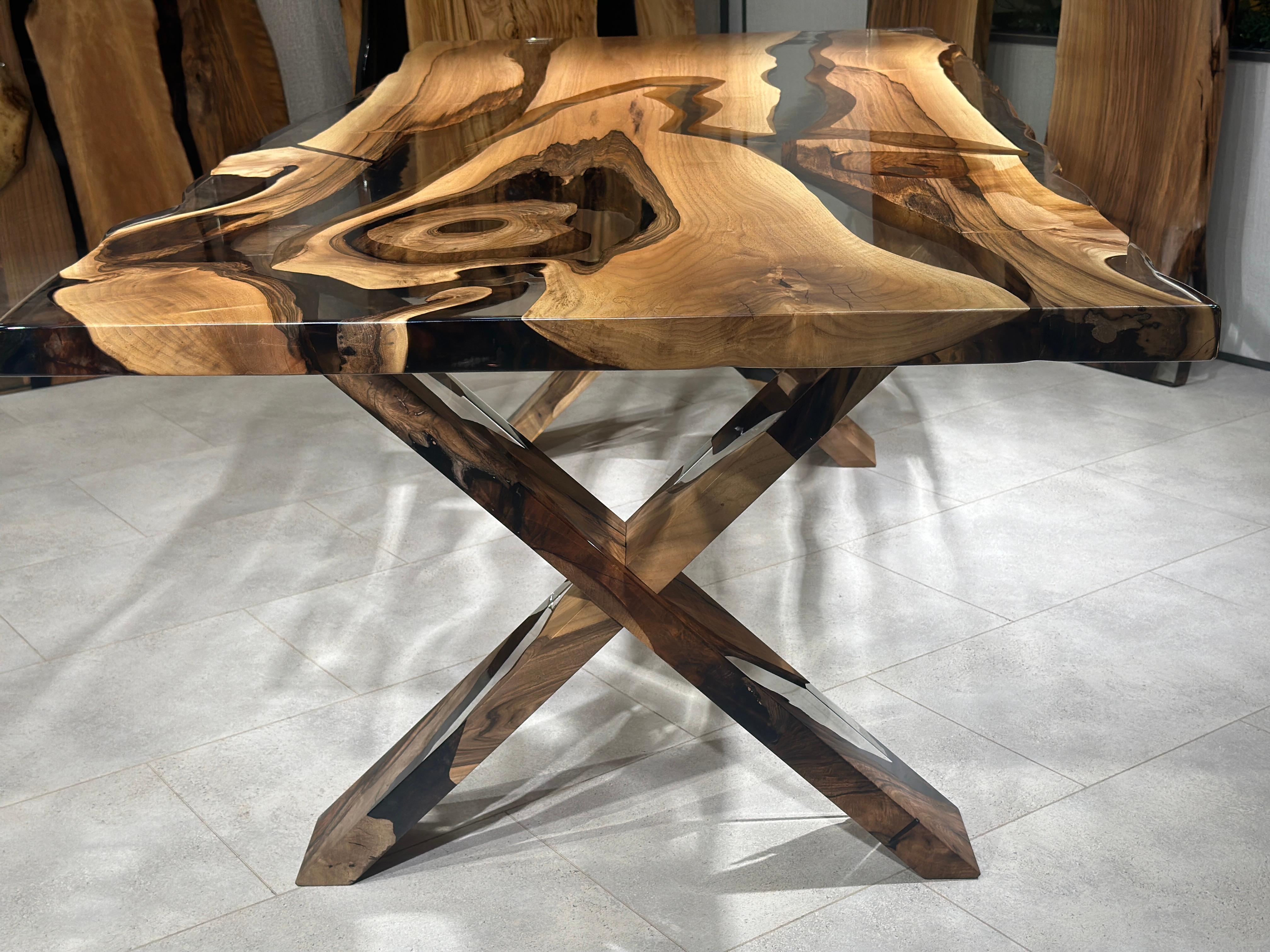 Turkish Super Clear Black Walnut Wood Epoxy Resin River Dining Table For Sale