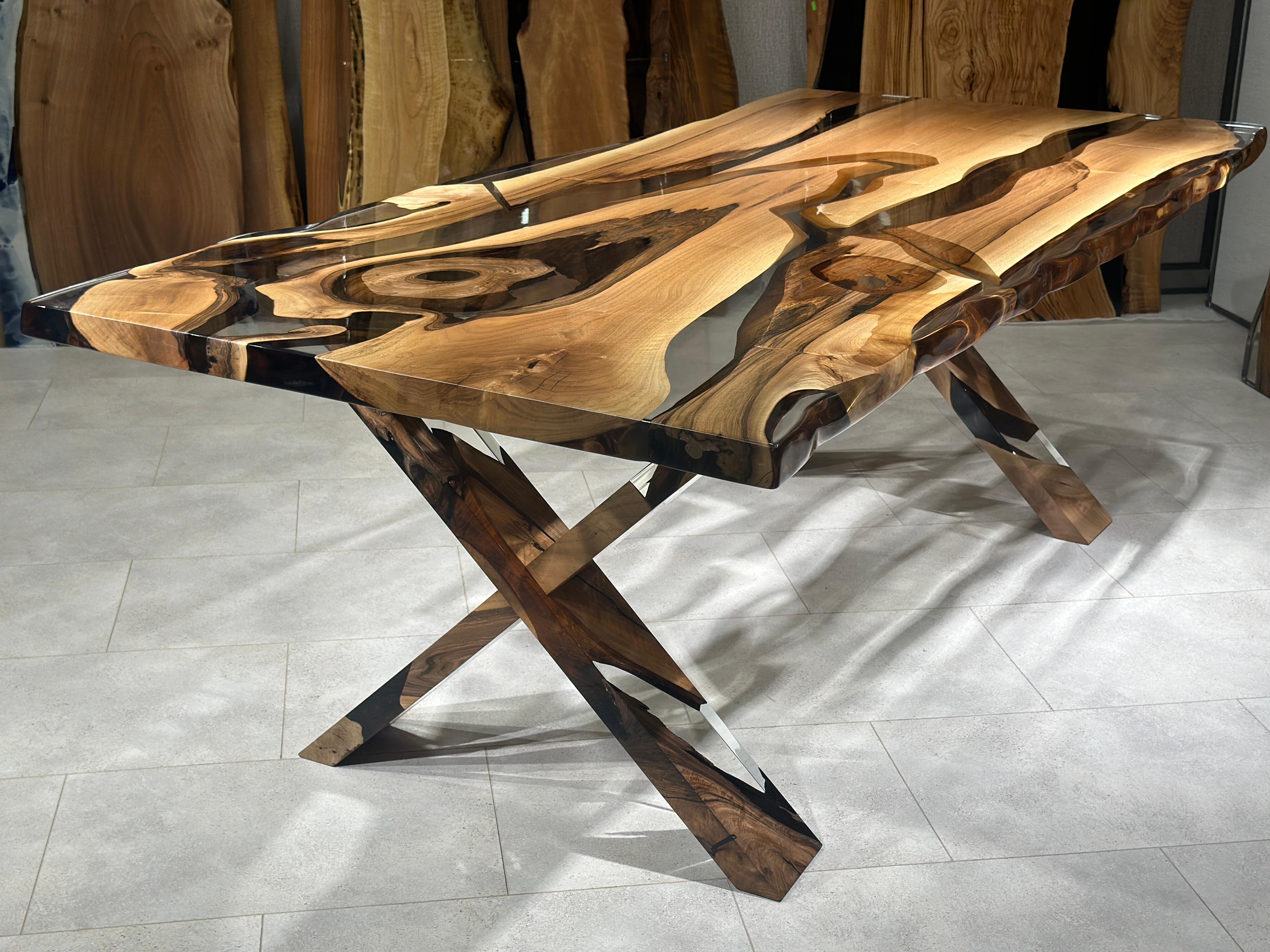 Contemporary Super Clear Black Walnut Wood Epoxy Resin River Dining Table For Sale