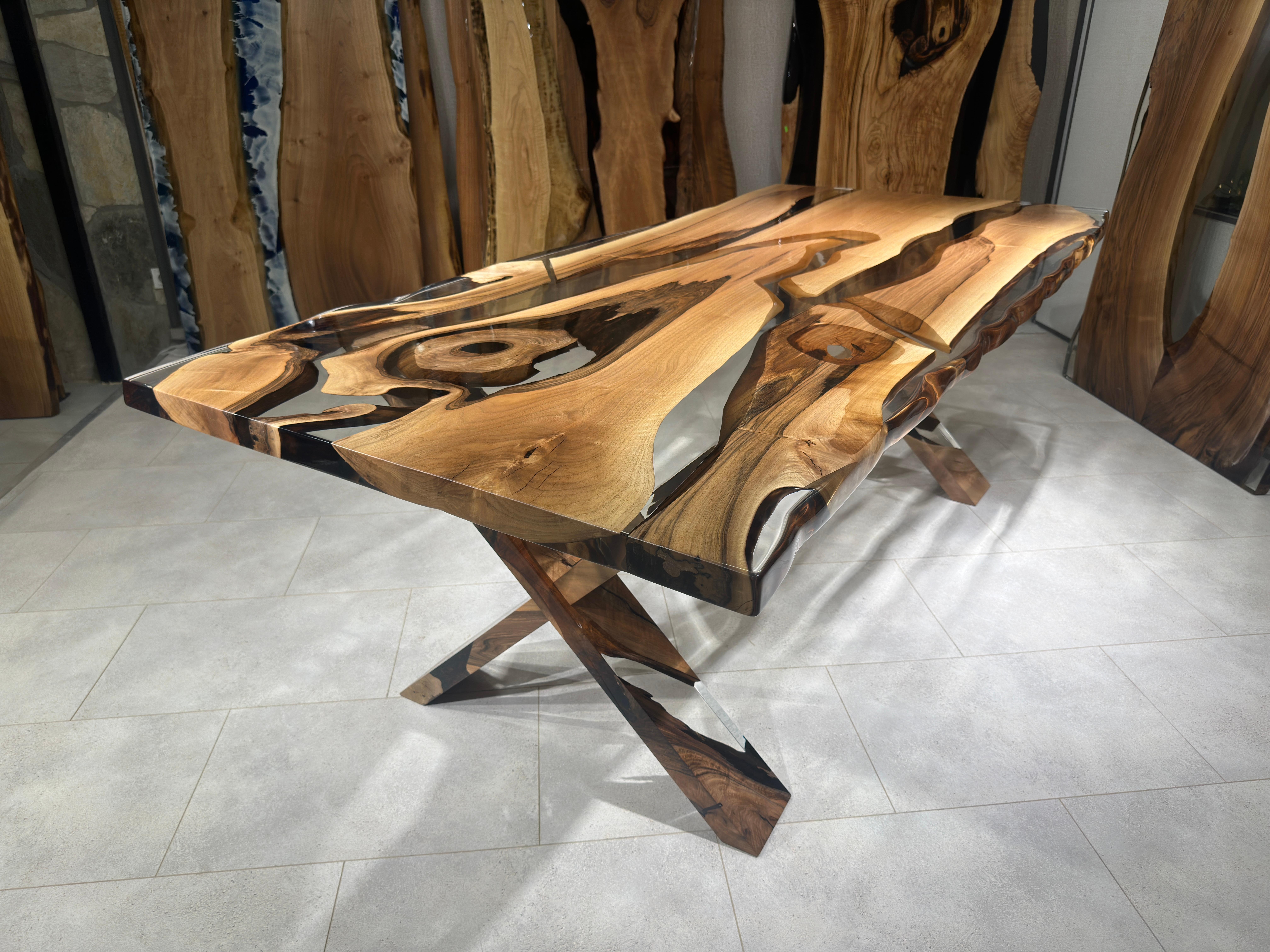 Super Clear Black Walnut Wood Epoxy Resin River Dining Table For Sale 1