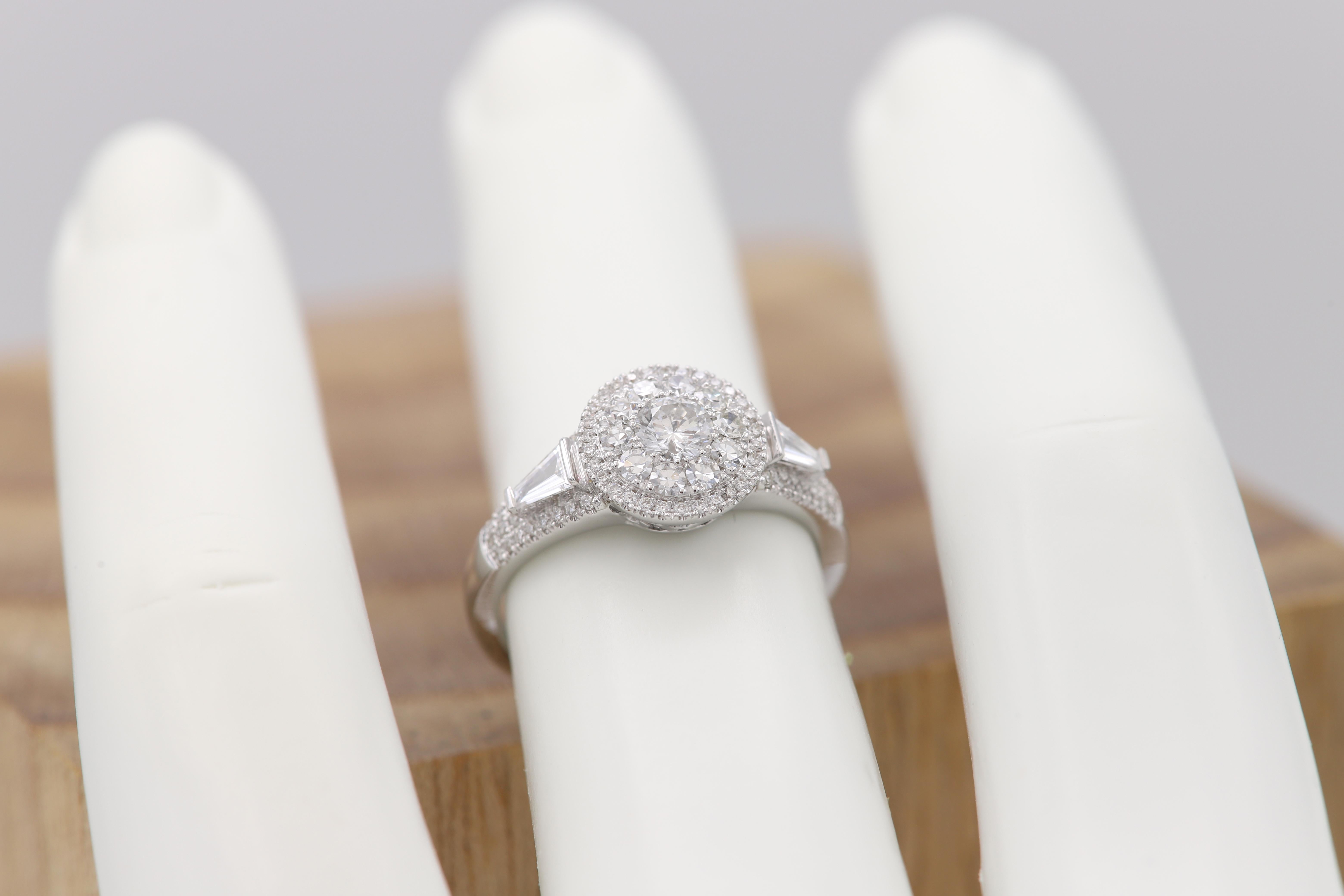 Round Cut Super Cluster Diamond Ring 18 Karat White Gold Round and Baguette Diamonds For Sale