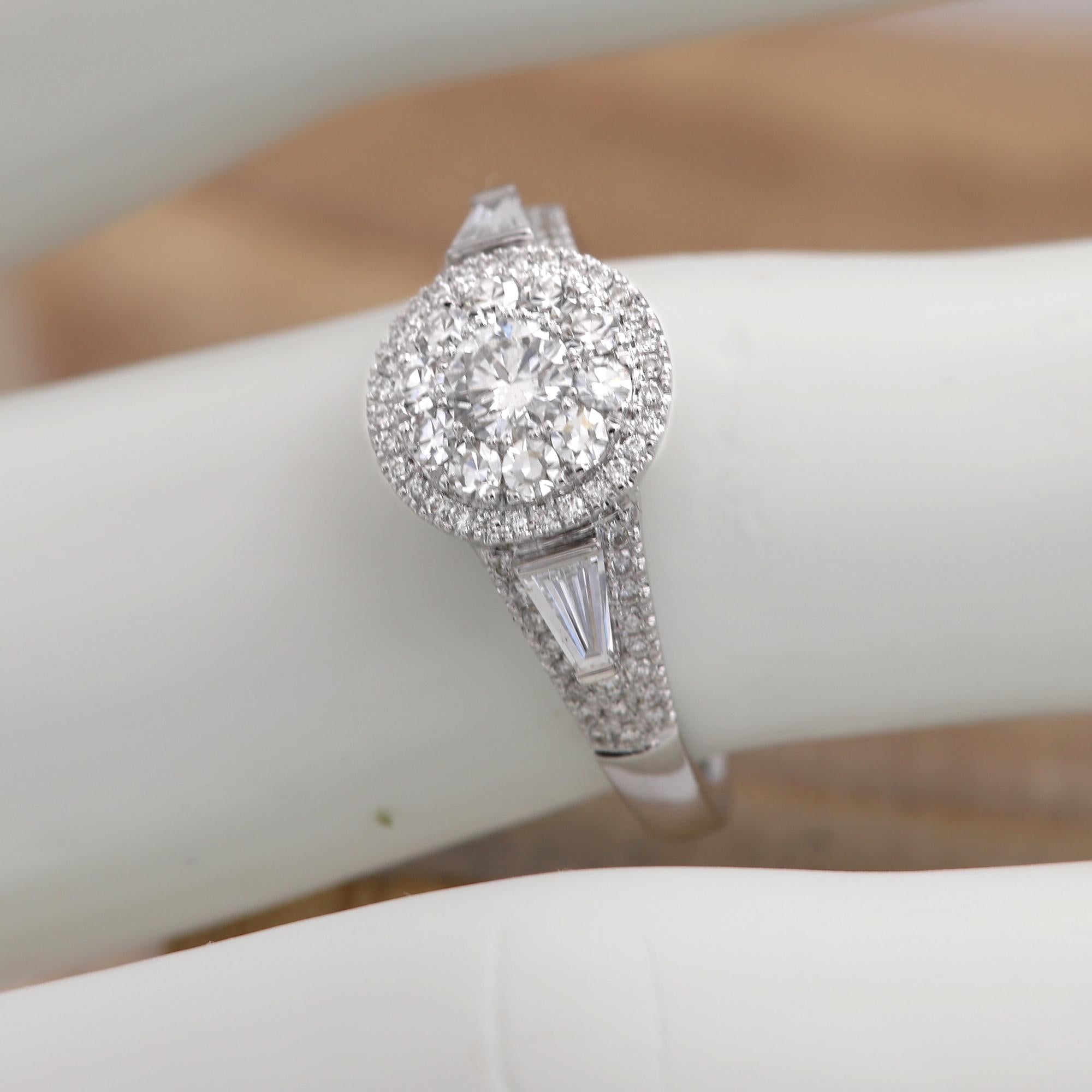 Super Cluster Diamond Ring 18 Karat White Gold Round and Baguette Diamonds For Sale 2