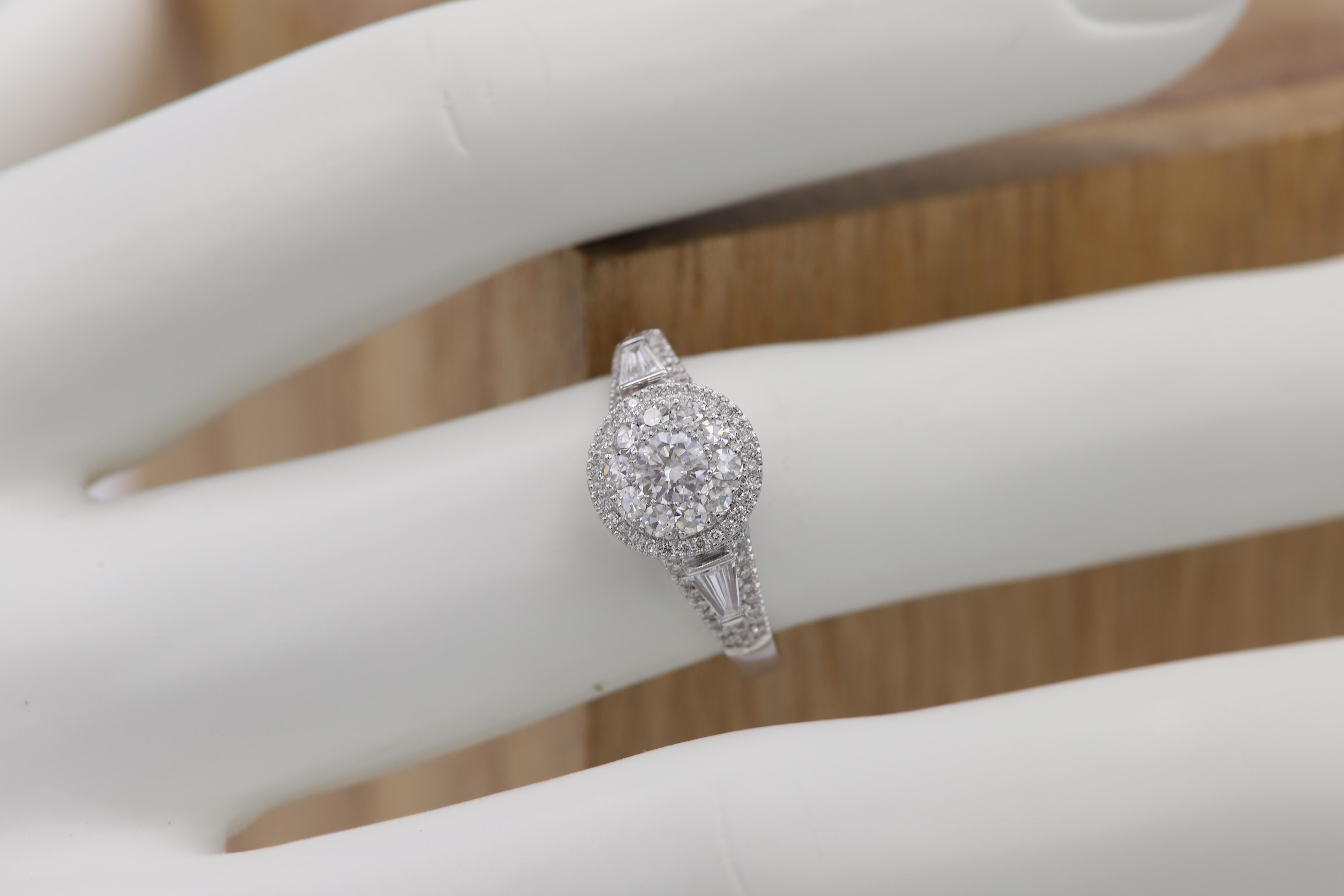 Super Cluster Diamond Ring 18 Karat White Gold Round and Baguette Diamonds For Sale 3