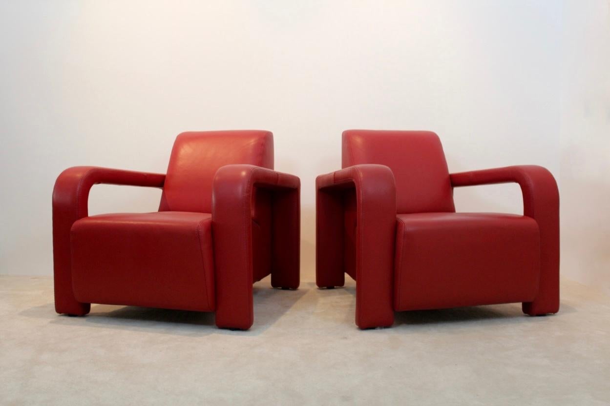 Super Comfortable Pair of Marinelli Red Leather Armchairs, Italy 1