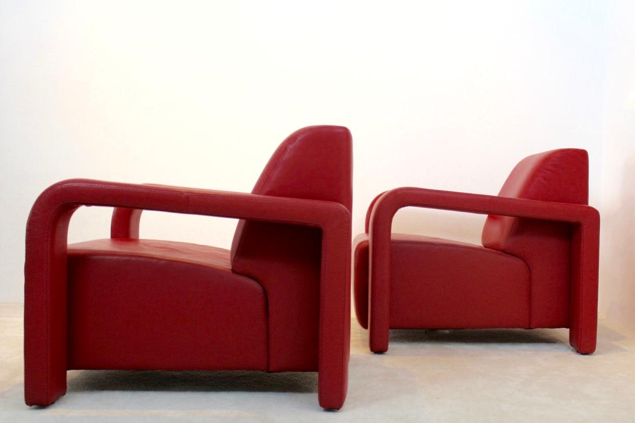 Super Comfortable Pair of Marinelli Red Leather Armchairs, Italy 2
