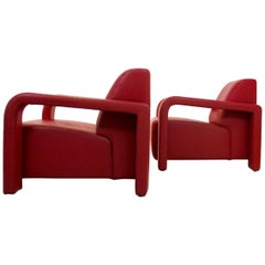 Super Comfortable Pair of Marinelli Red Leather Armchairs, Italy