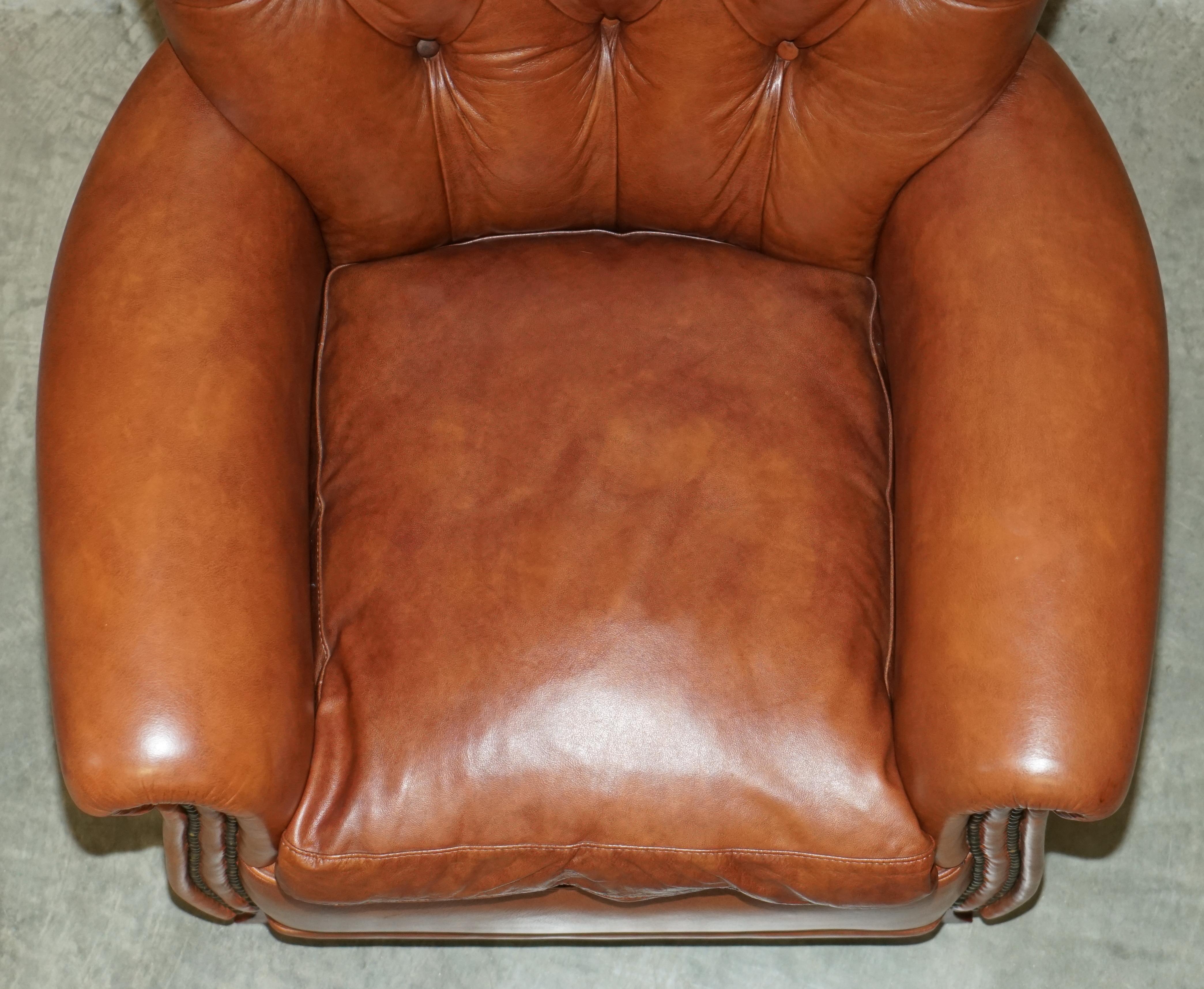 Super Comfortable Tetrad Chesterfield Brown Leather Armchair & Matching Ottman For Sale 7
