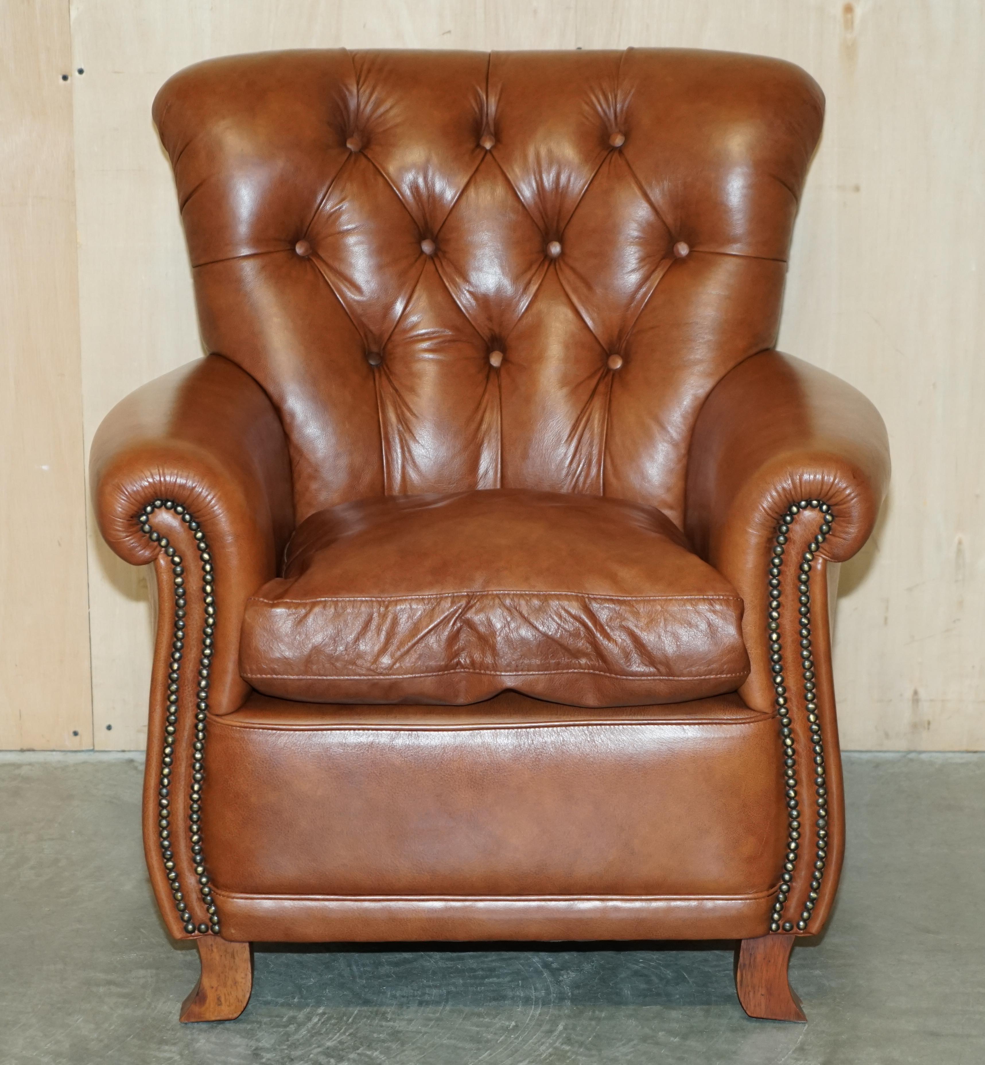 We are delighted to offer for sale this super comfortable, Tetrad hand made in England brown leather armchair and ottoman.

A very well made, decorative and extremely comfortable armchair and ottoman. This pair were discontinued some years ago,