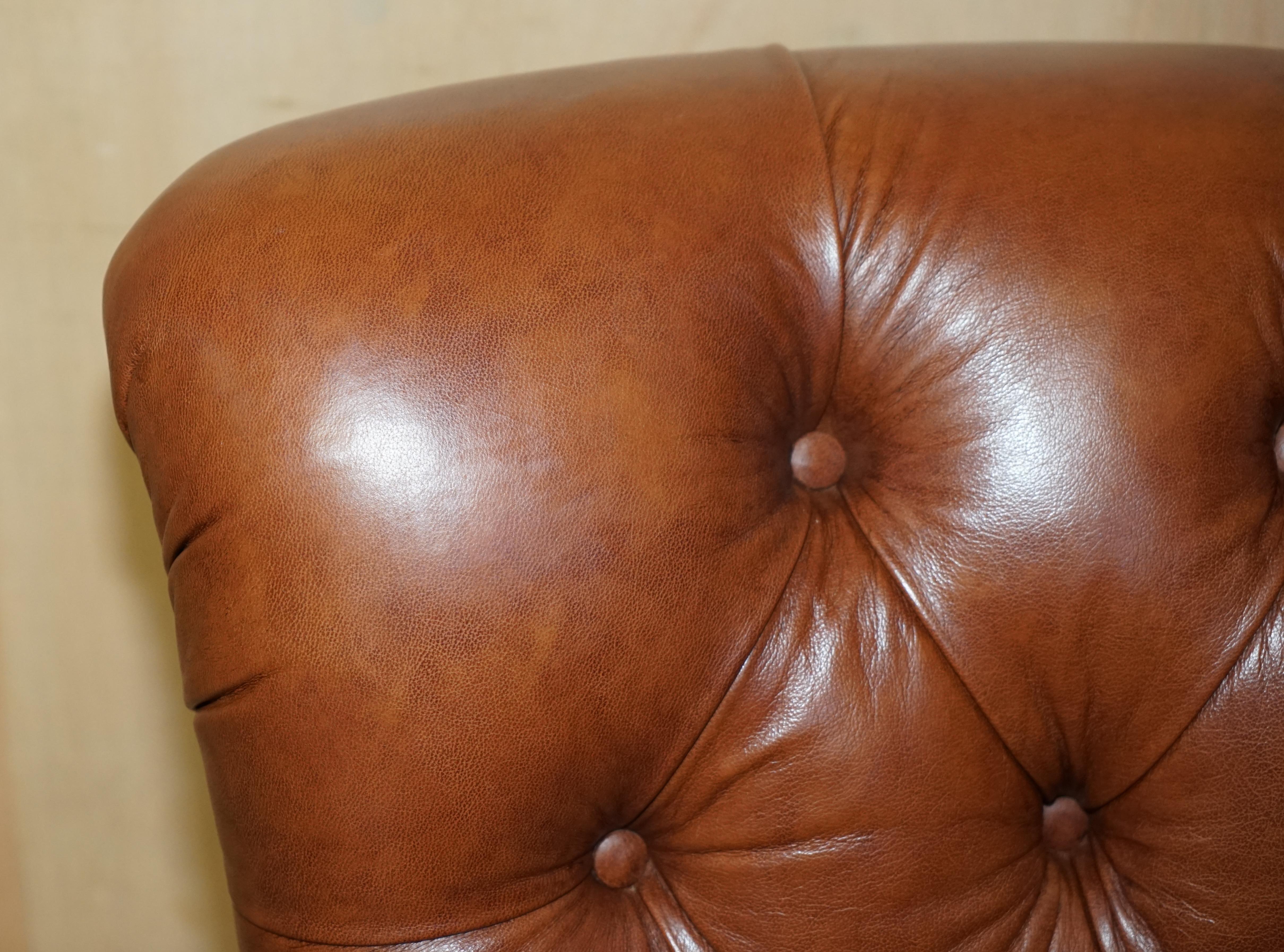 English Super Comfortable Tetrad Chesterfield Brown Leather Armchair & Matching Ottman For Sale