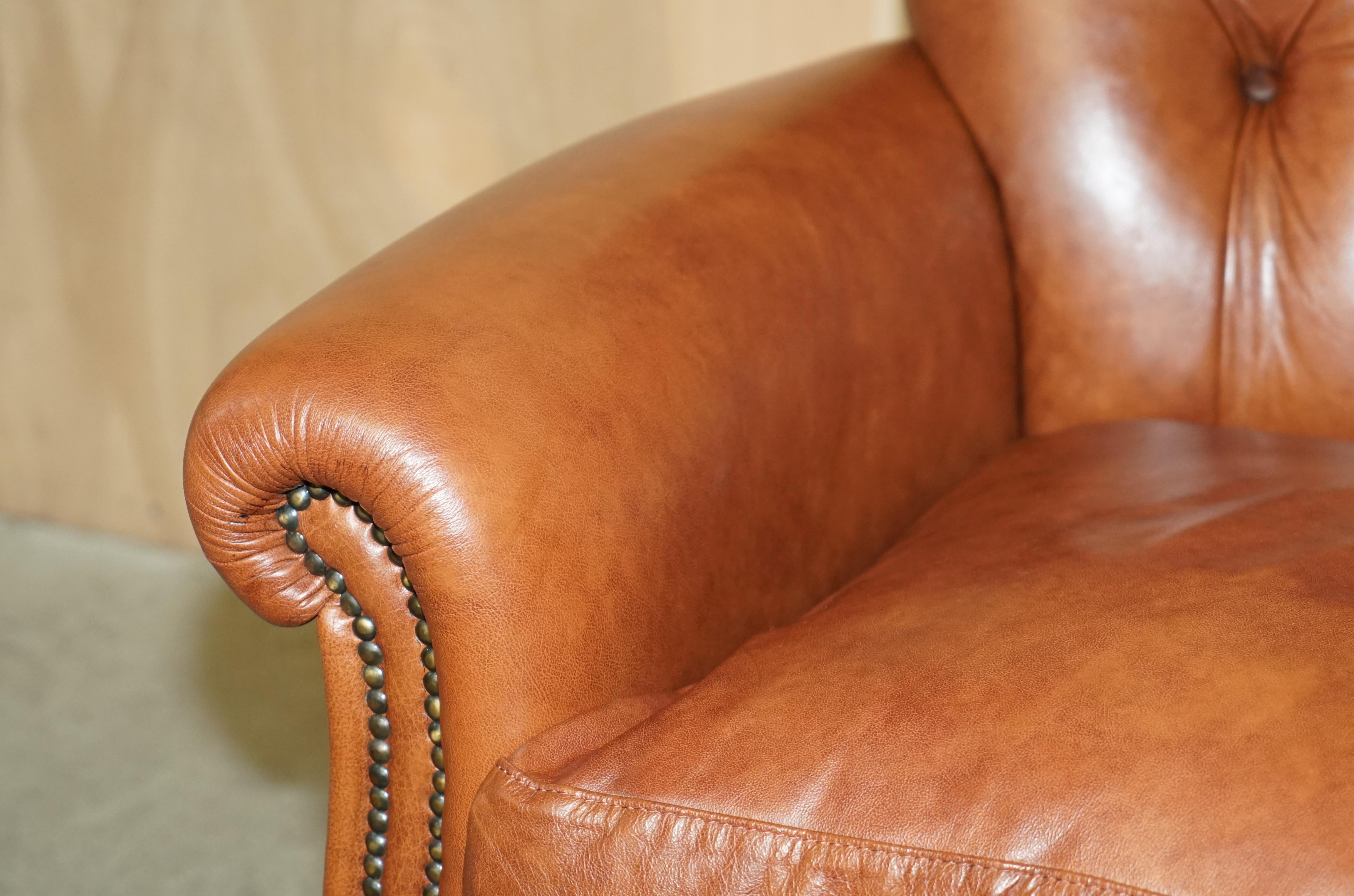 20th Century Super Comfortable Tetrad Chesterfield Brown Leather Armchair & Matching Ottman For Sale