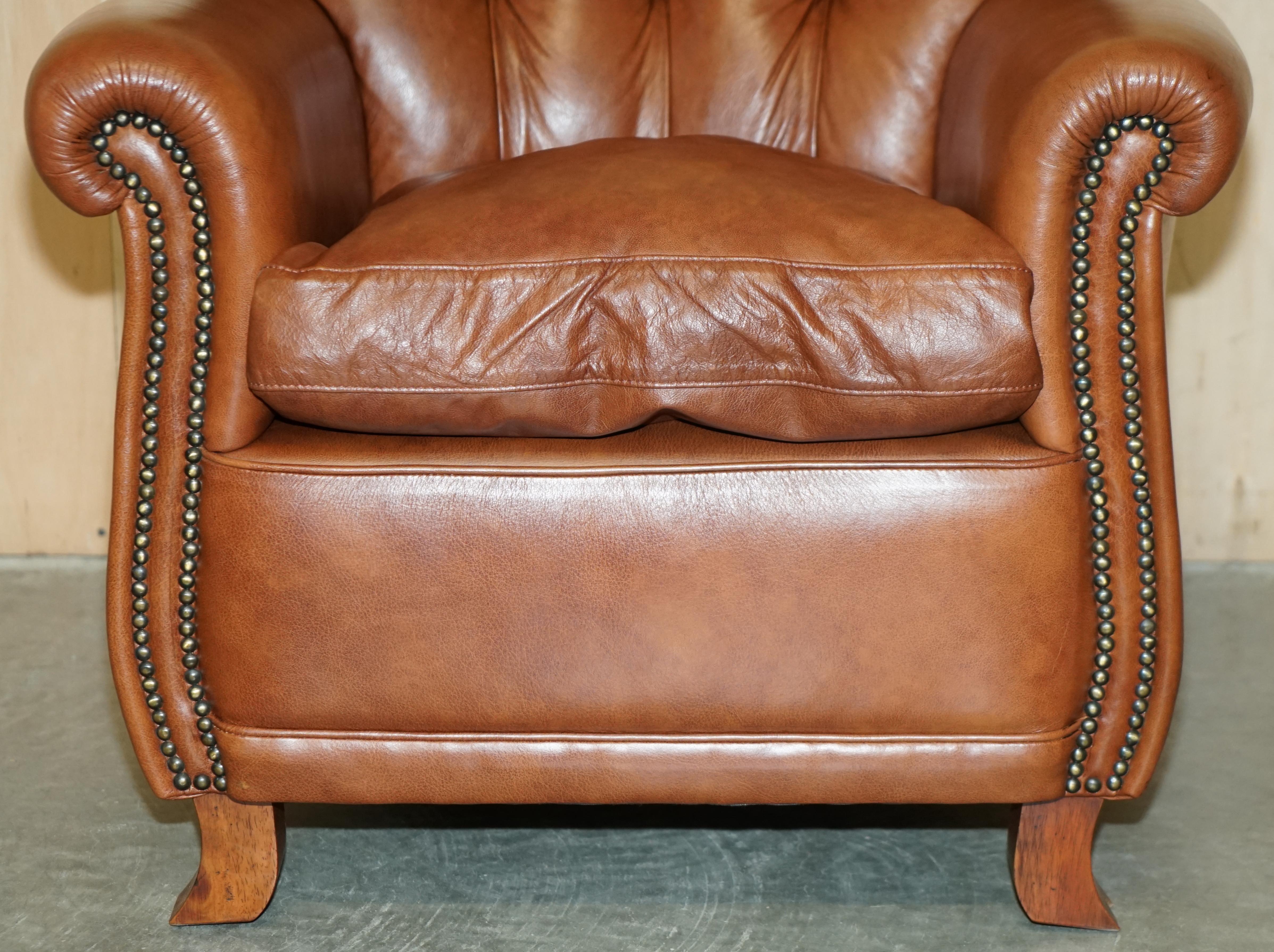Super Comfortable Tetrad Chesterfield Brown Leather Armchair & Matching Ottman For Sale 1