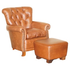 Vintage Super Comfortable Tetrad Chesterfield Brown Leather Armchair & Matching Ottman
