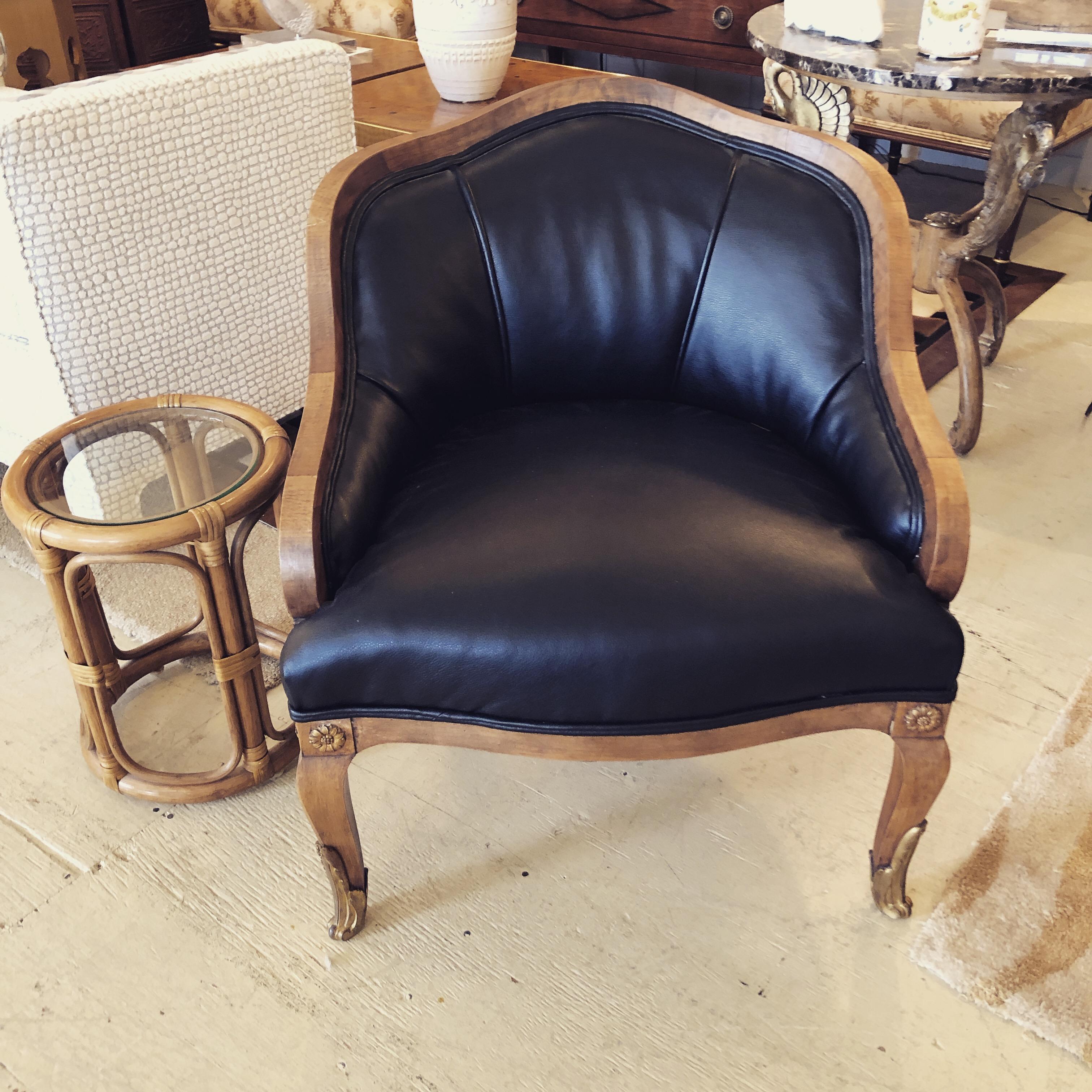 Super Comfy French Apartment Sized Mahogany and Faux Leather Club Chair 7