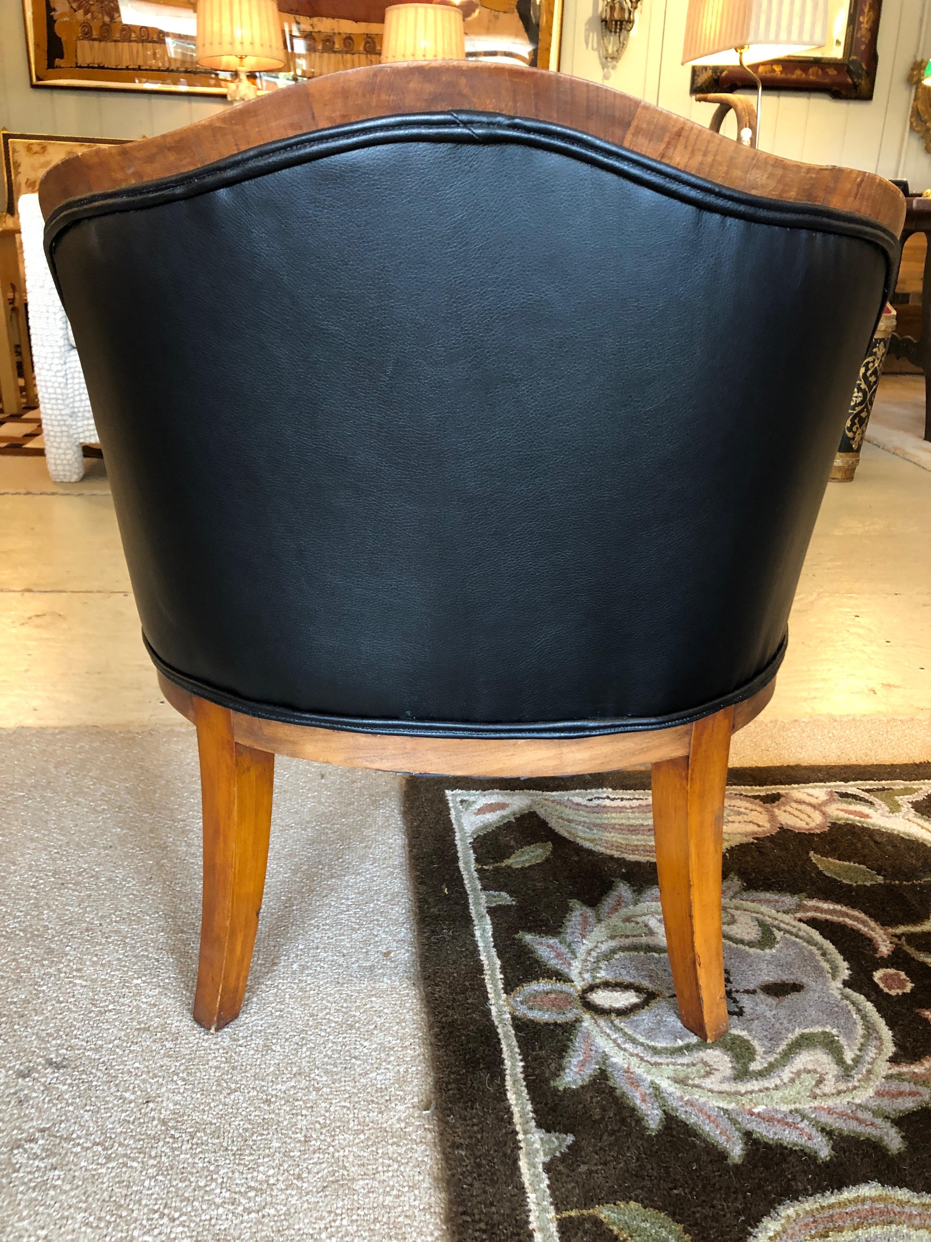 Super Comfy French Apartment Sized Mahogany and Faux Leather Club Chair In Good Condition In Hopewell, NJ