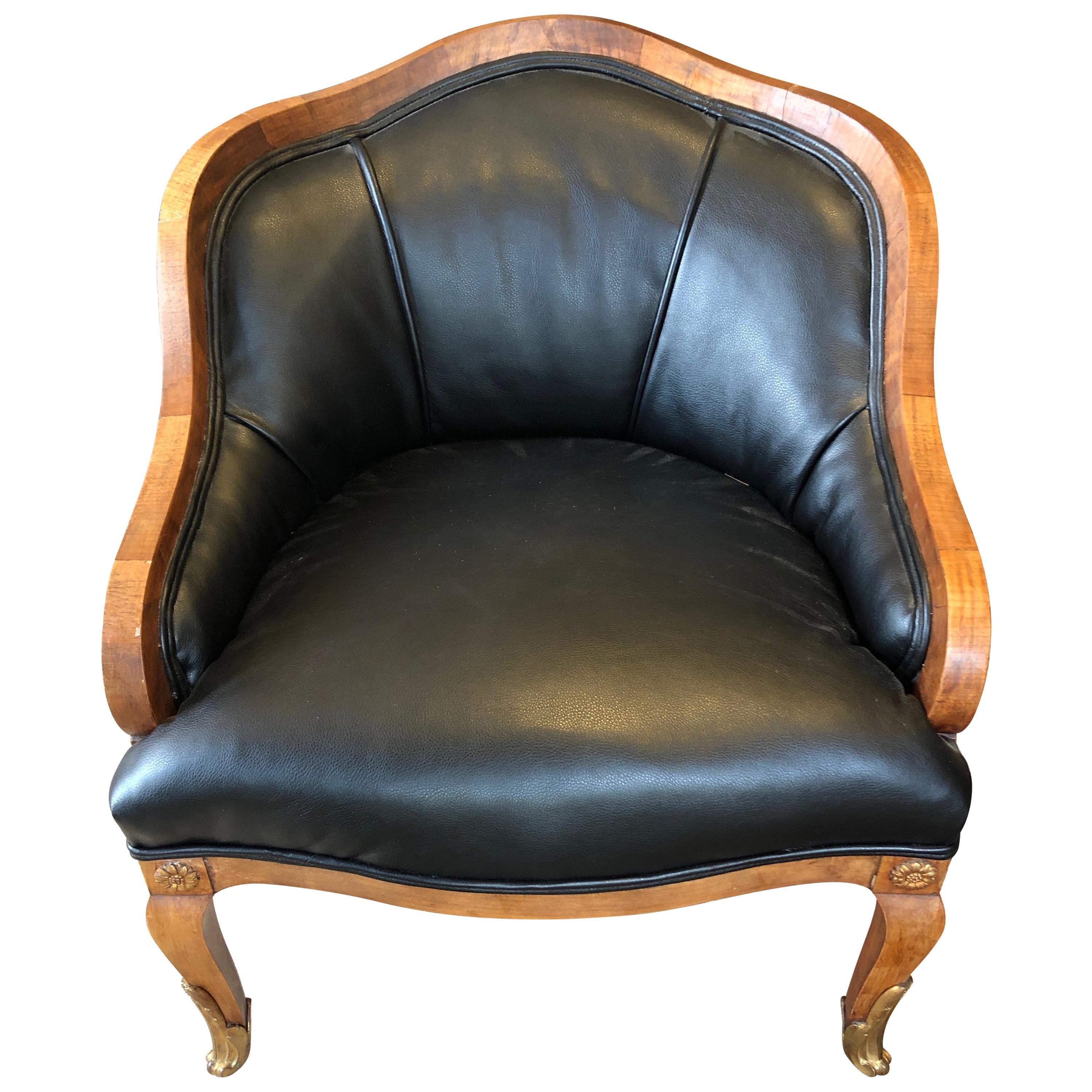 Super Comfy French Apartment Sized Mahogany and Faux Leather Club Chair