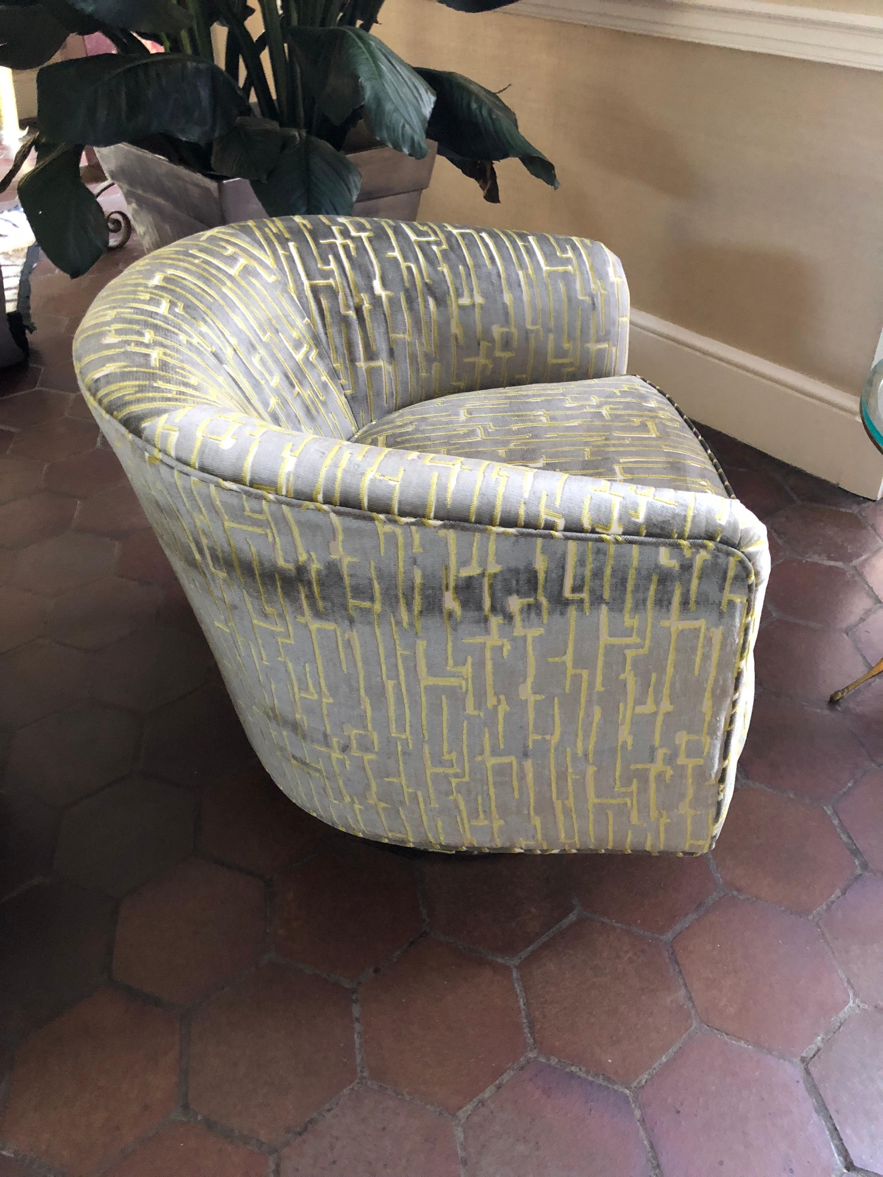 American Pair of Milo Baughman Style Barrel Shaped Swivel Club Chairs