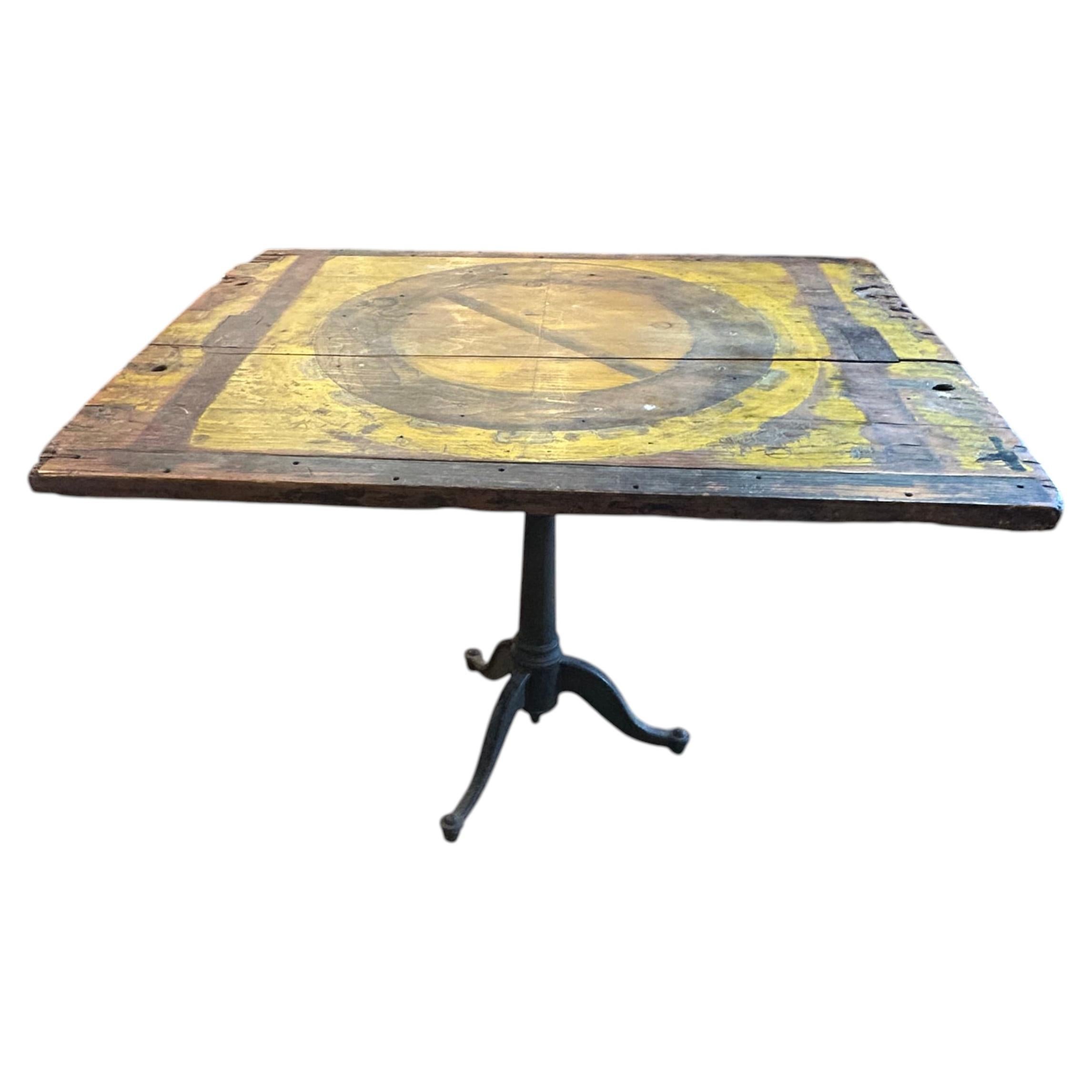 Super Cool Antique Distressed Tilt Top Work Table with Iron Pedestal Base