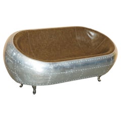 SUPER COOL AVIATOR STYLE HAND HAMMERED ALUMINiUM & BROWN LEATHER TWO SEAT SOFA