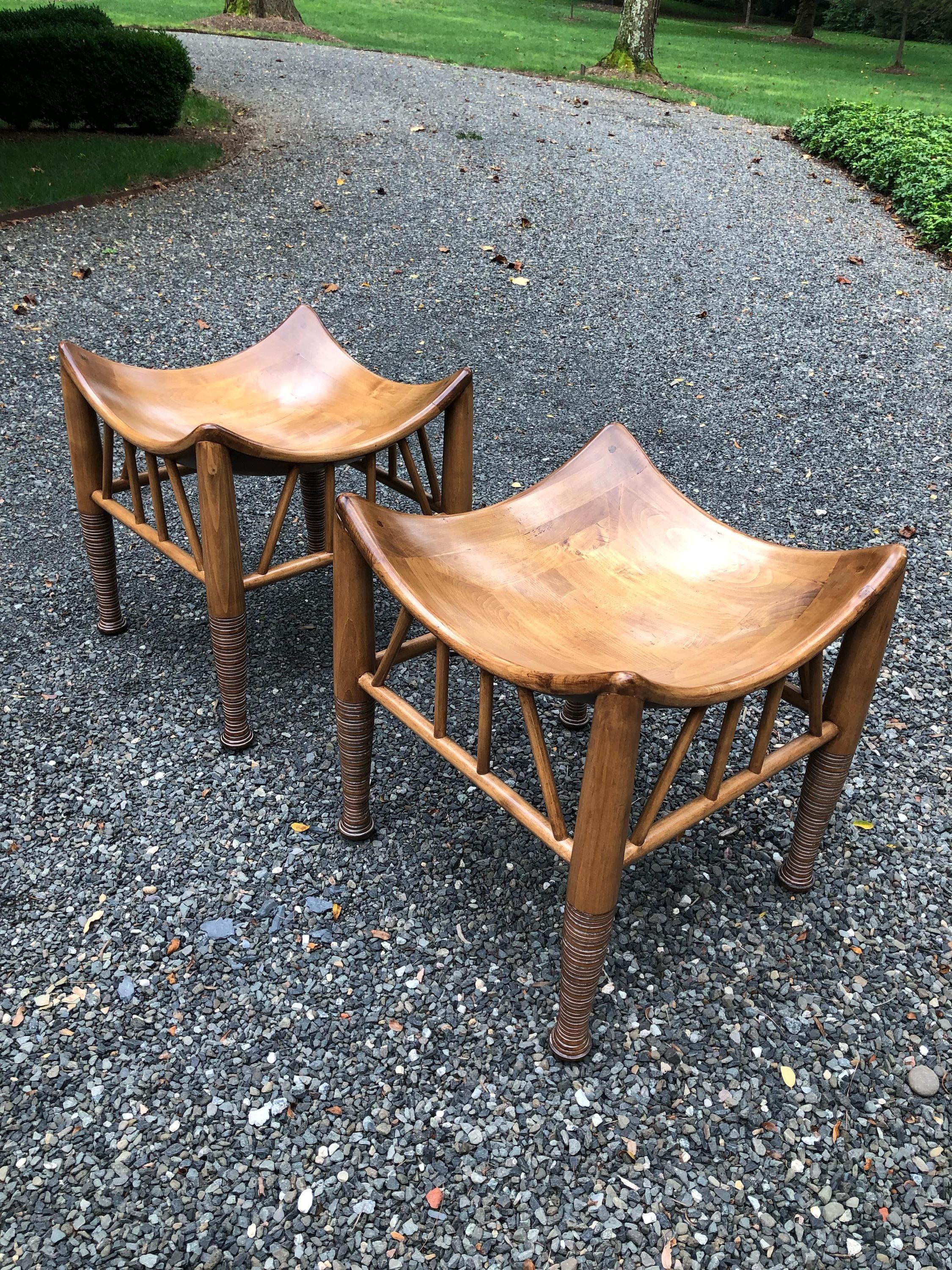 Mid-Century Modern Super Cool Pair of Liberty of London Style Wooden Thebes Stools
