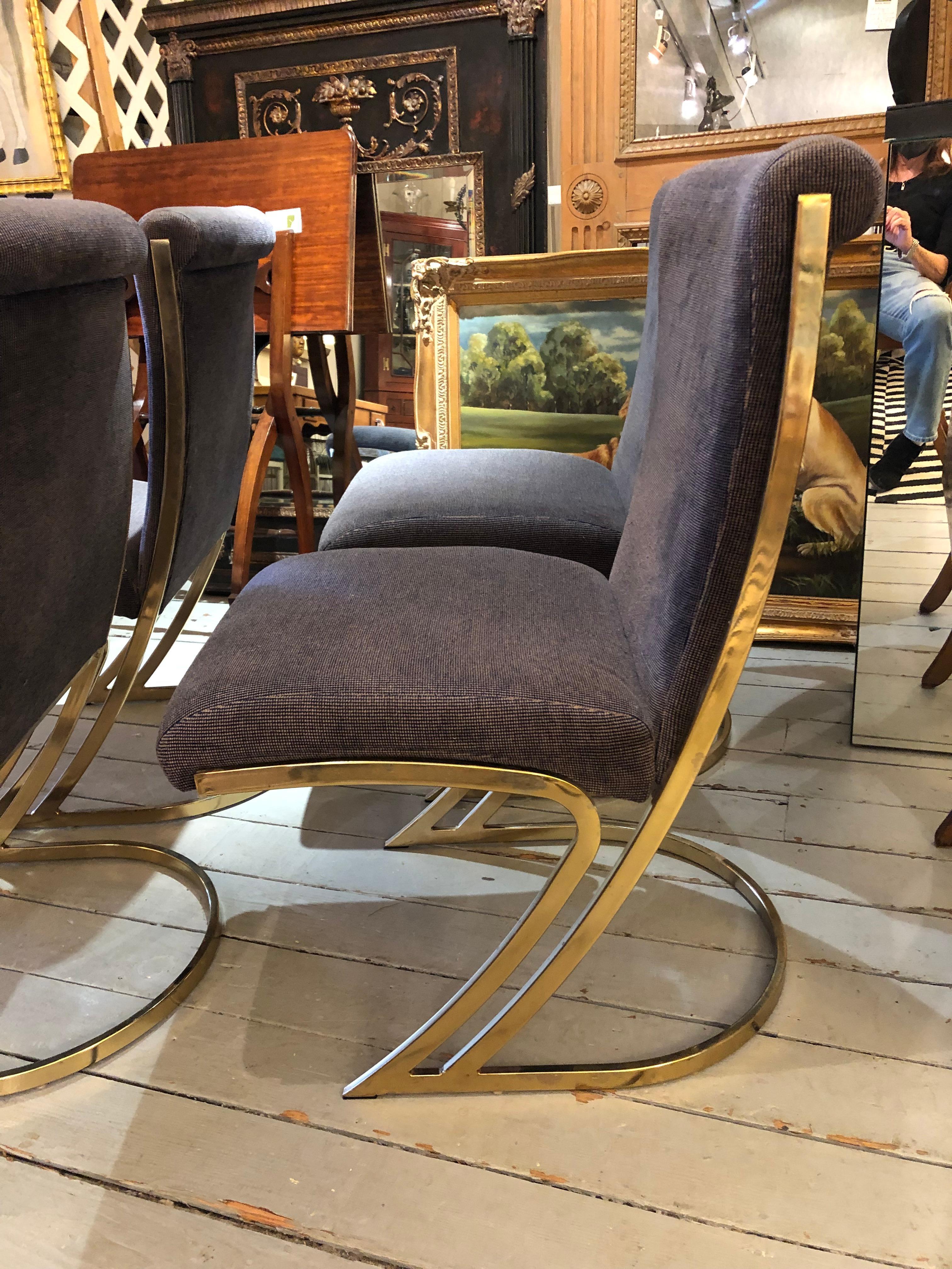 Super Cool Set of 4 Mid-Century Modern Brass and Upholstered Dining Chairs 6