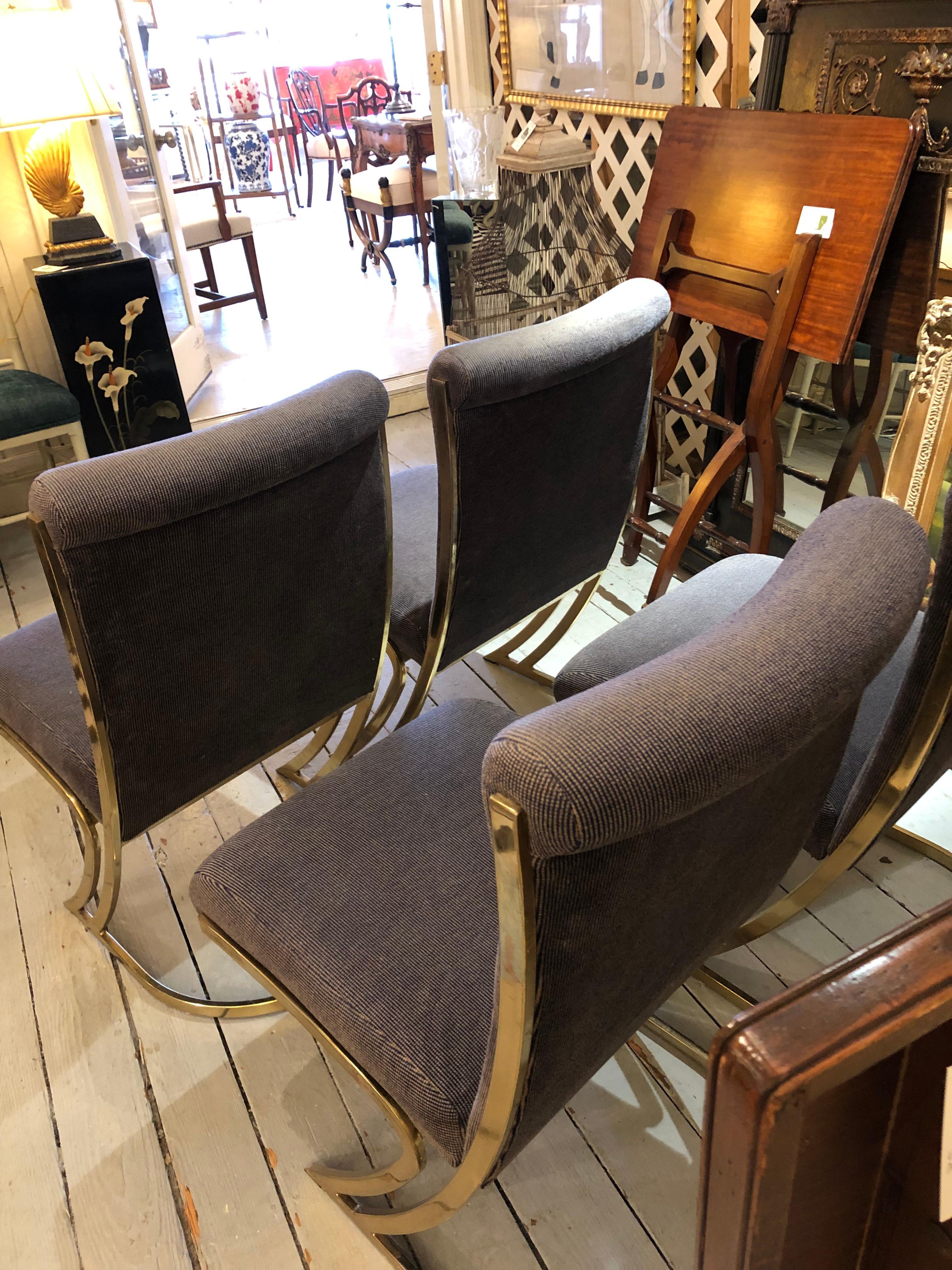 Super Cool Set of 4 Mid-Century Modern Brass and Upholstered Dining Chairs 8