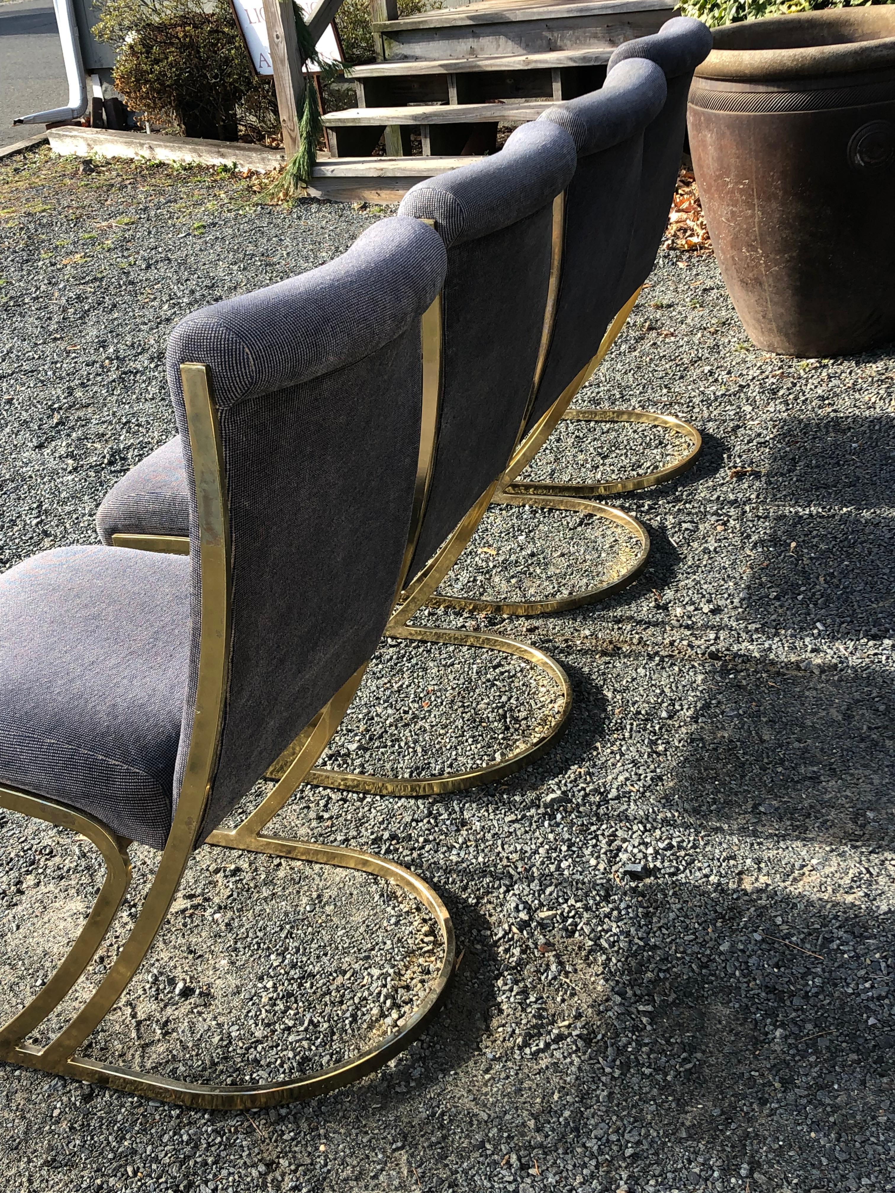 American Super Cool Set of 4 Mid-Century Modern Brass and Upholstered Dining Chairs