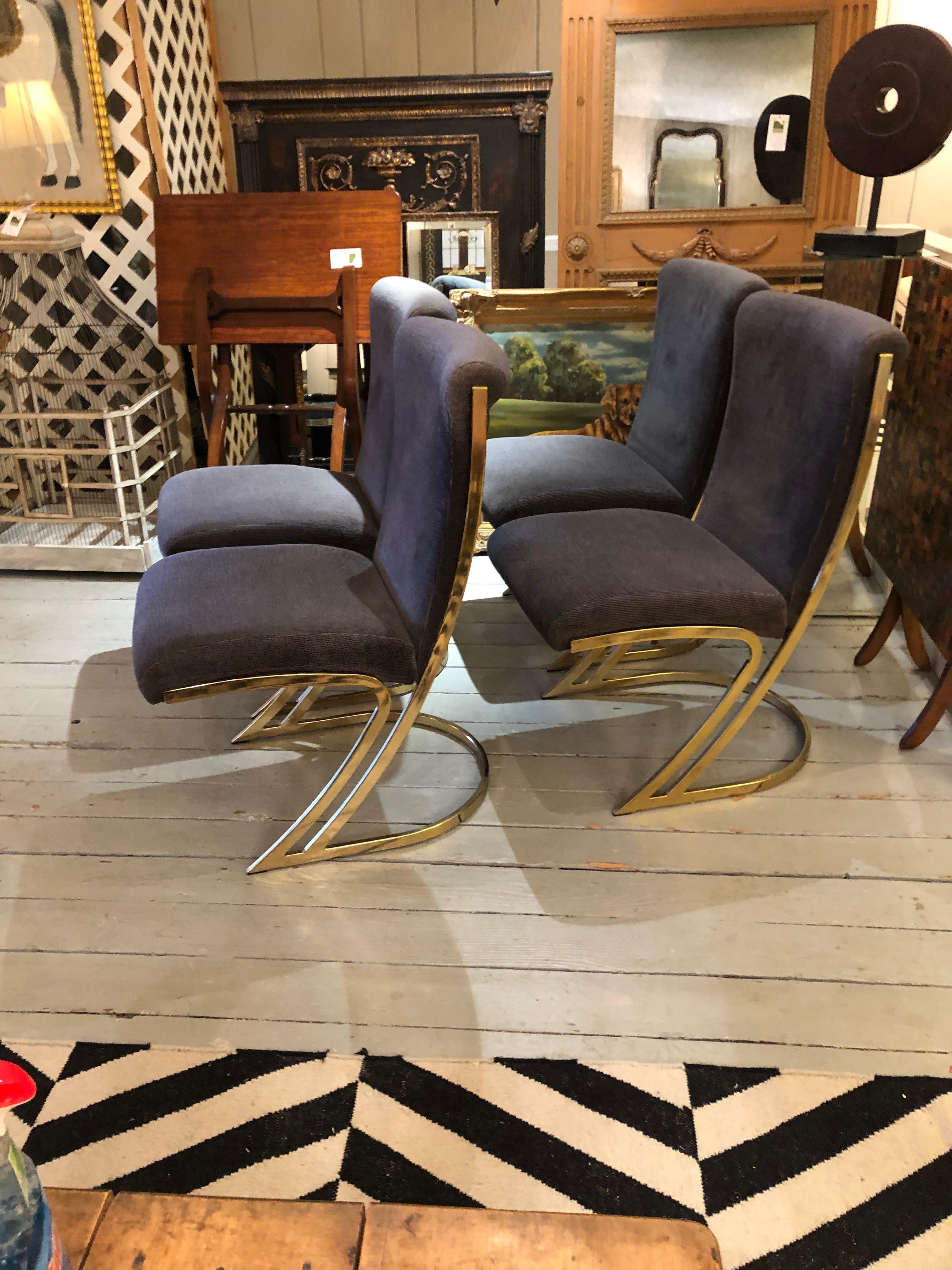 Super Cool Set of 4 Mid-Century Modern Brass and Upholstered Dining Chairs 1