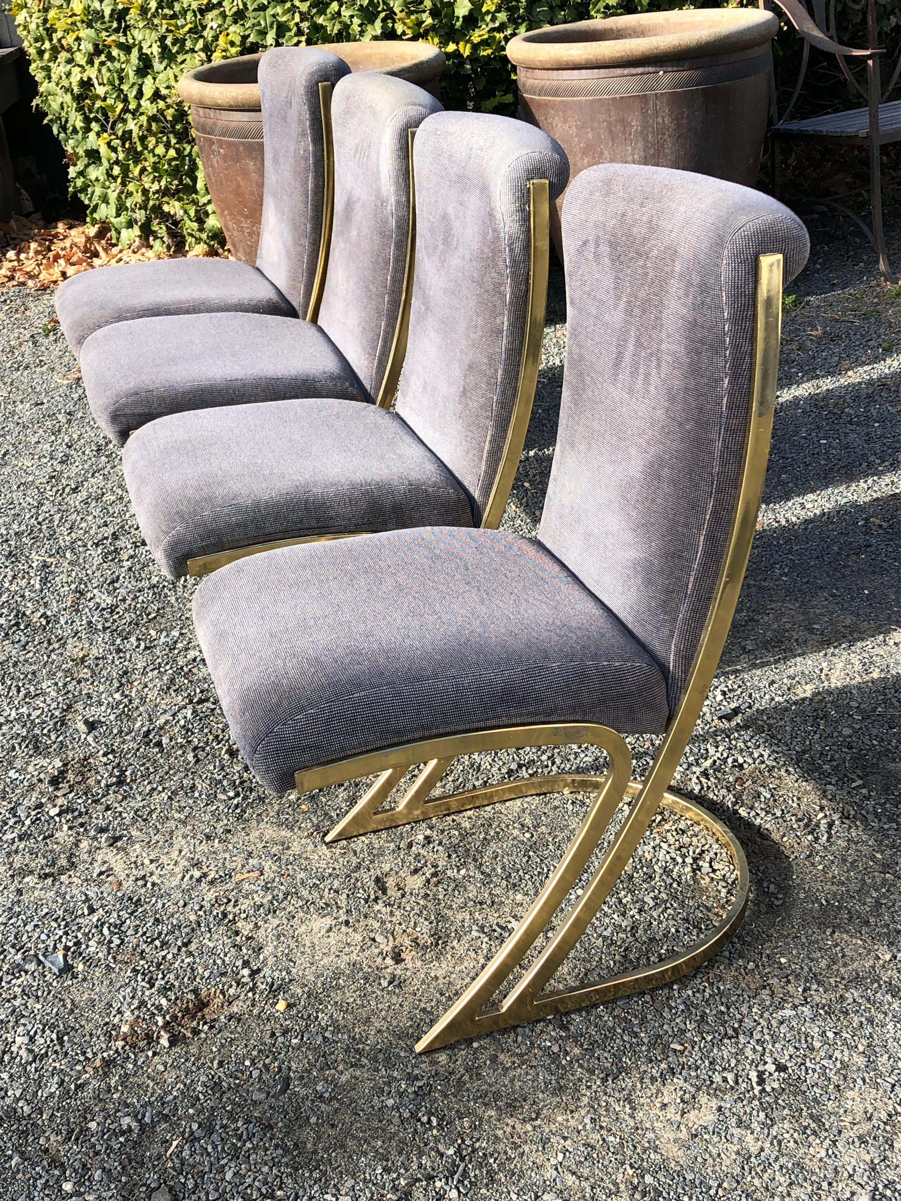 Super Cool Set of 4 Mid-Century Modern Brass and Upholstered Dining Chairs 2