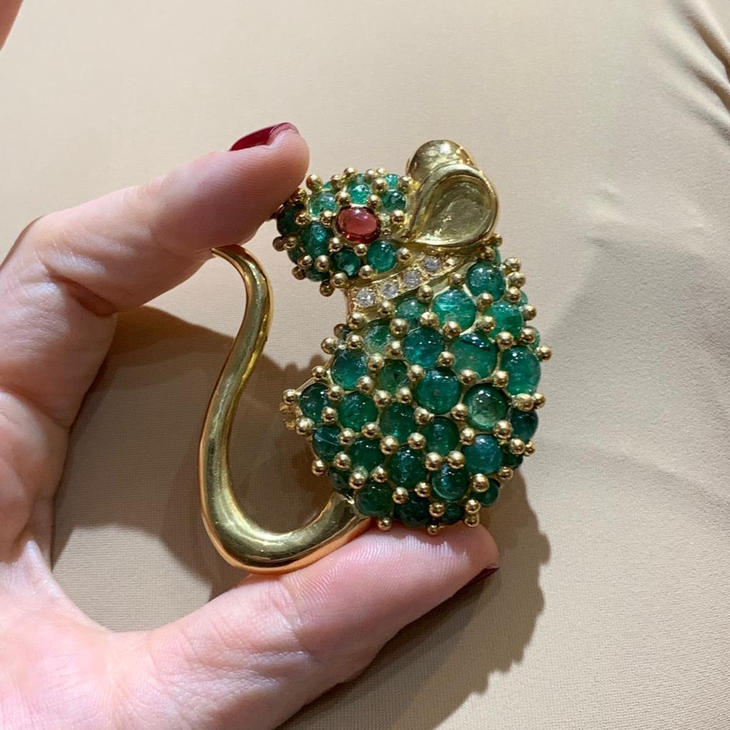 Super Cute Emerald, Diamond, and Garnet Mouse in 18 Karat Yellow Gold 6