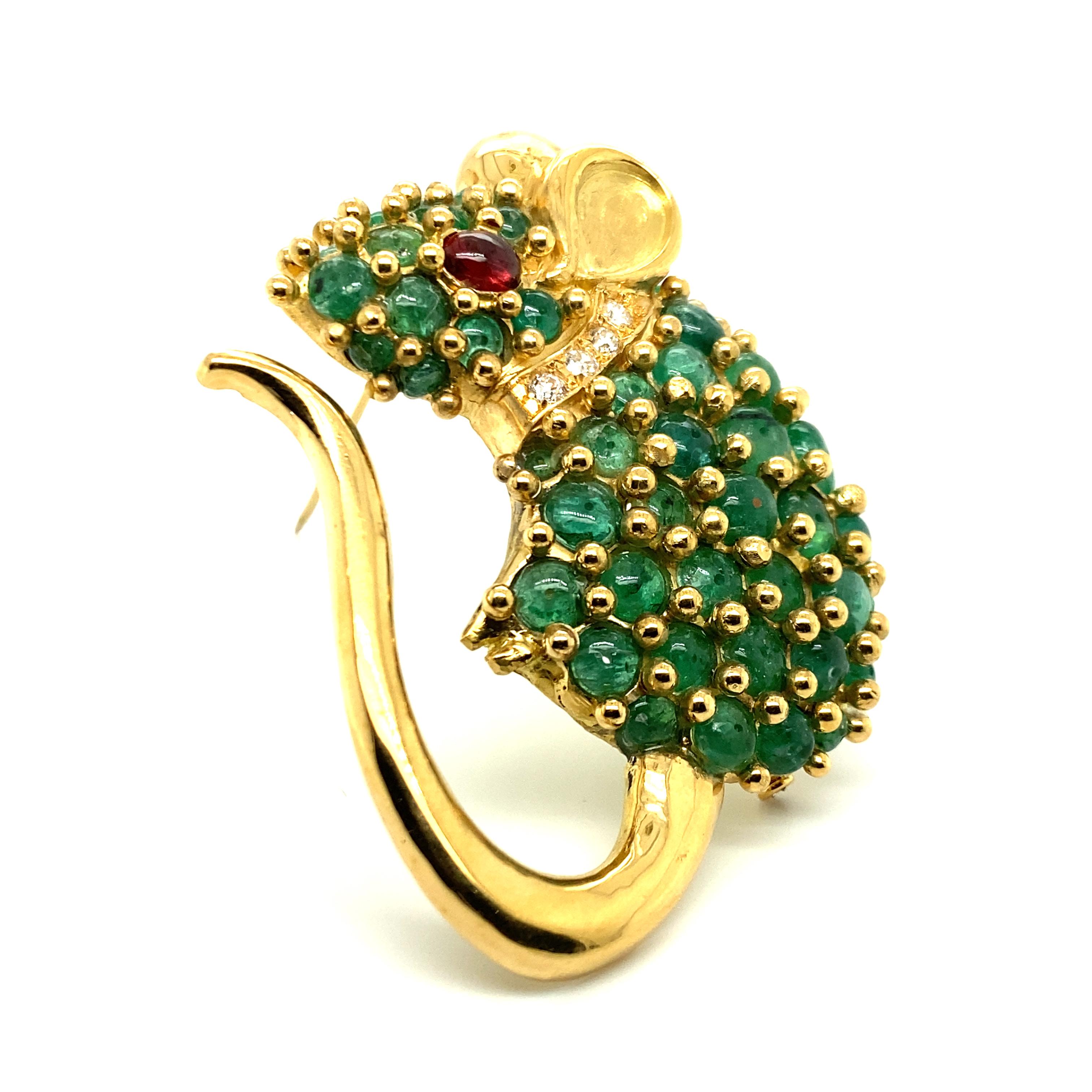 Artist Super Cute Emerald, Diamond, and Garnet Mouse in 18 Karat Yellow Gold