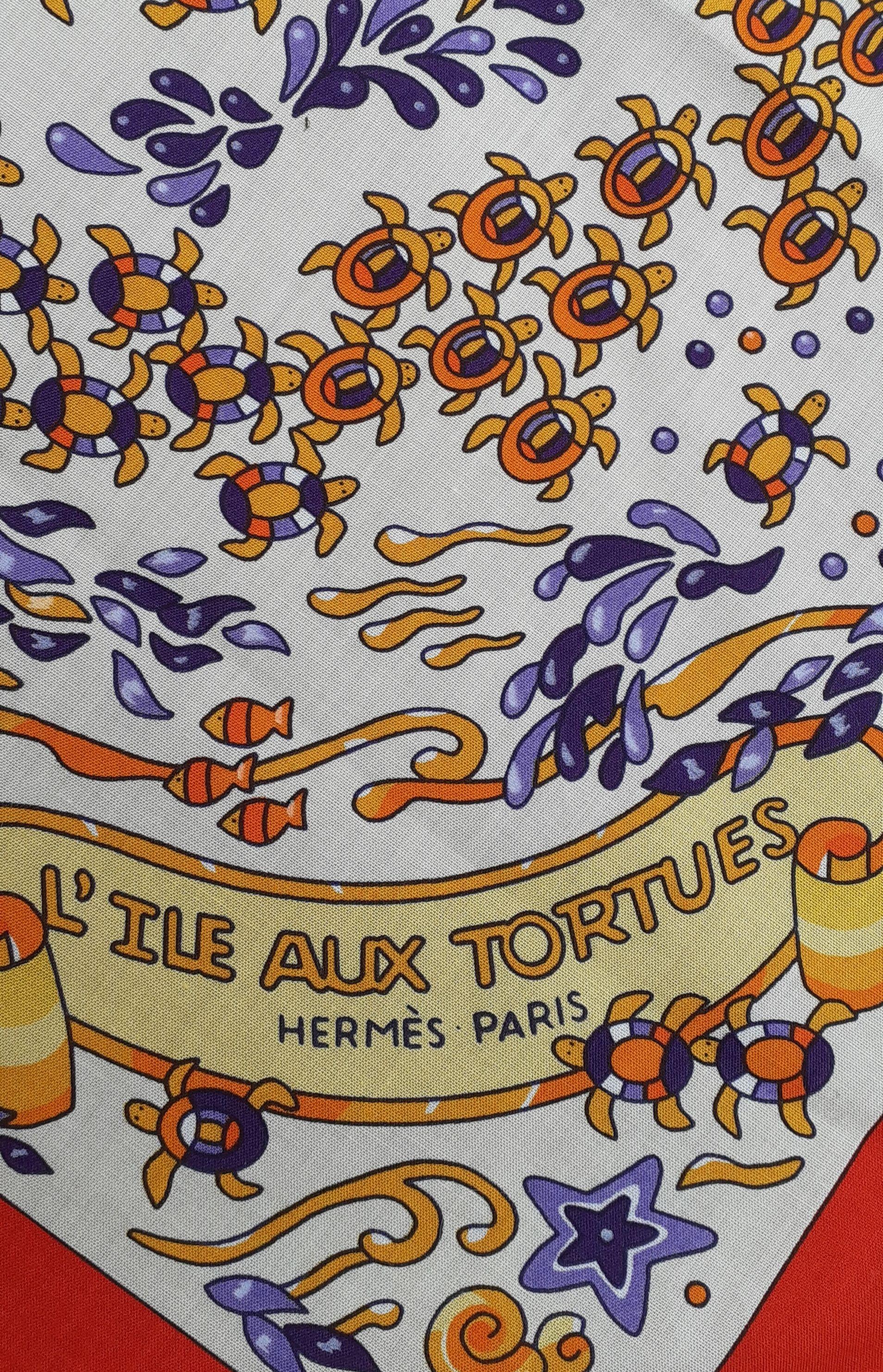 Super Cute Hermès Cotton Scarf L'ile Aux Tortues Turtle Ingun 70 cm RARE 1