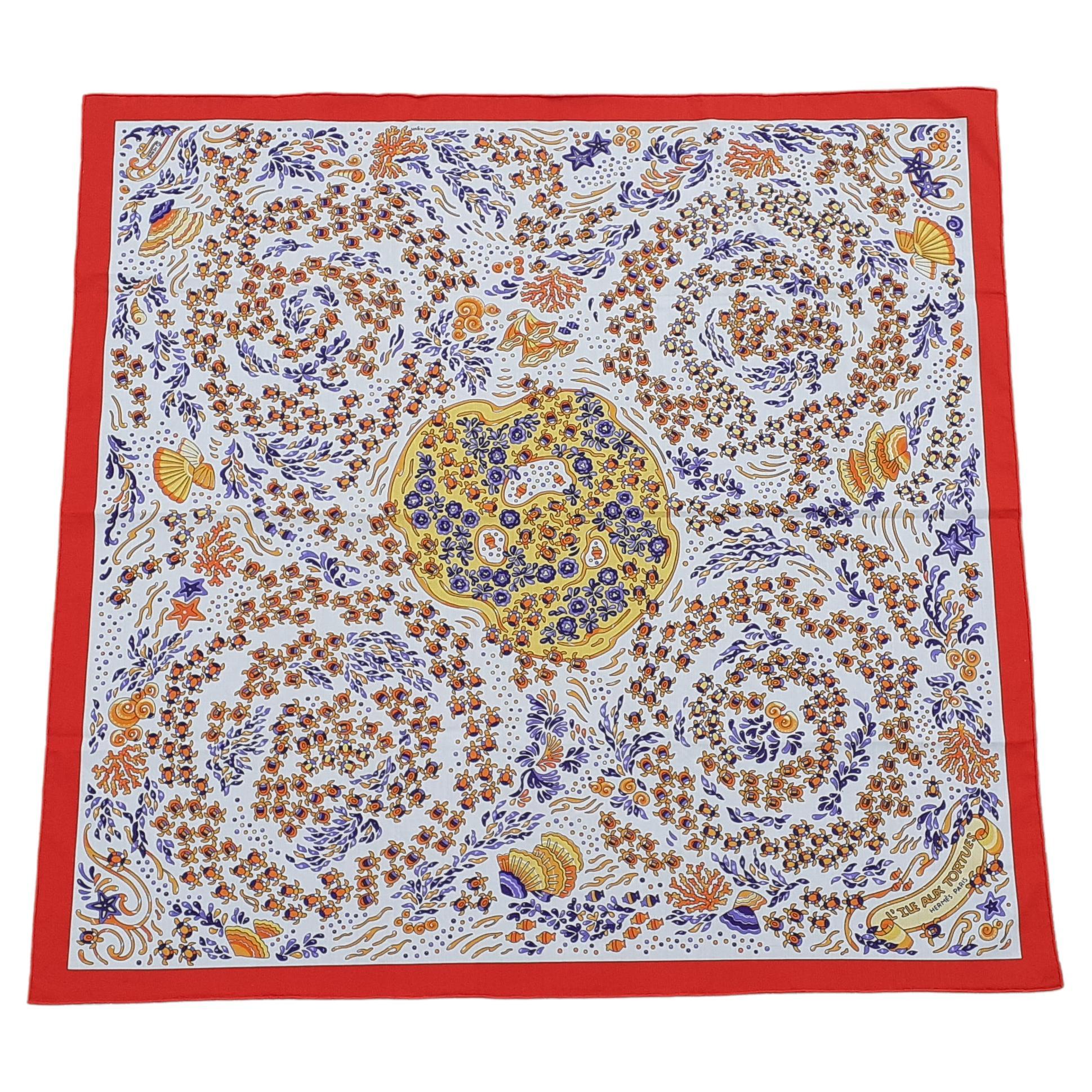 Super Cute Hermès Cotton Scarf L'ile Aux Tortues Turtle Ingun 70 cm RARE