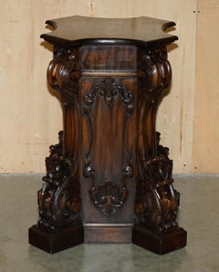 SUPER DECORATIVE ANTIQUE FLAMED HARDWOOD HEAVILY CARVED DiSPLAY PEDESTAL