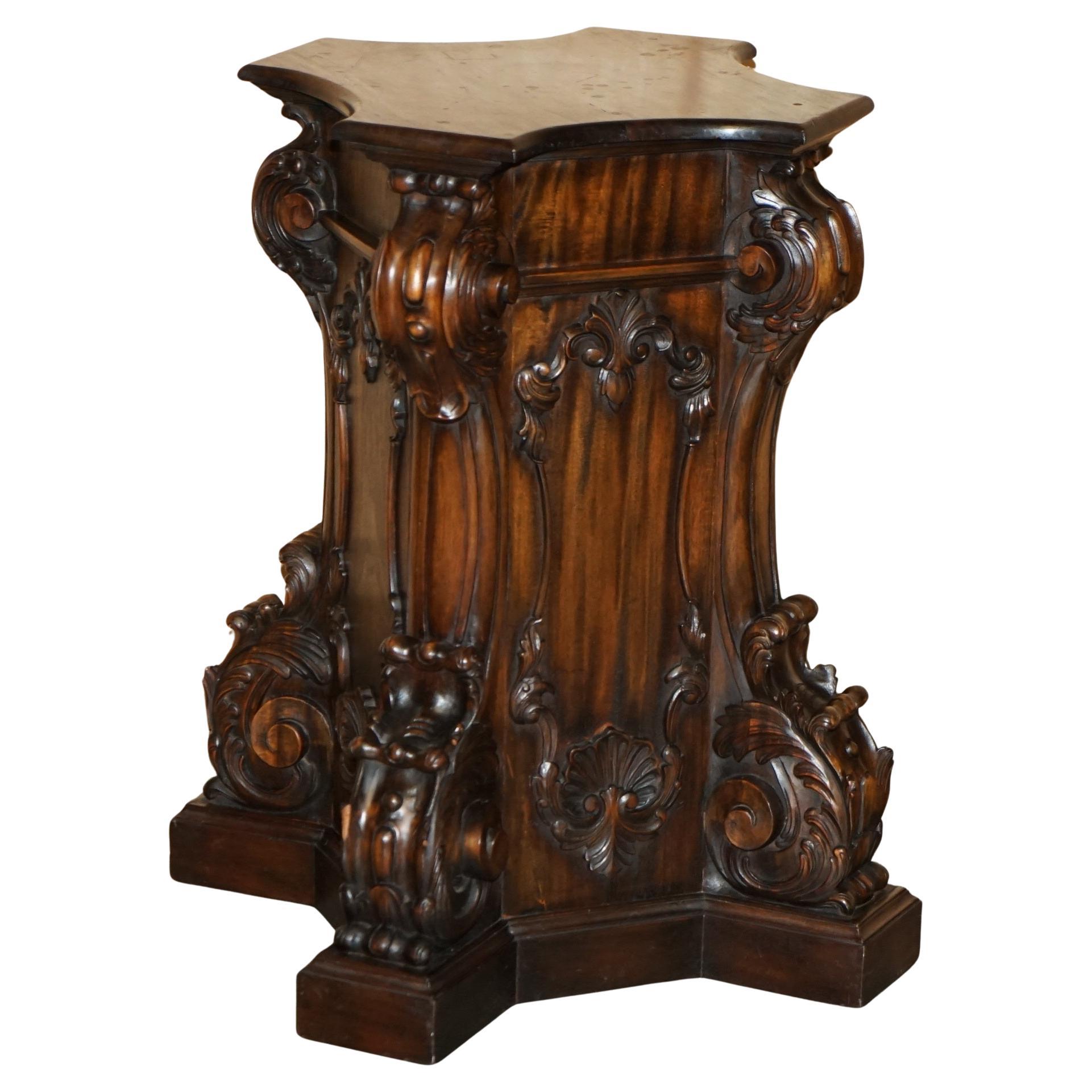 SUPER DECORATIVE ANTIQUE FLAMED HARDWOOD HEAVILY CARVED DiSPLAY PEDESTAL For Sale