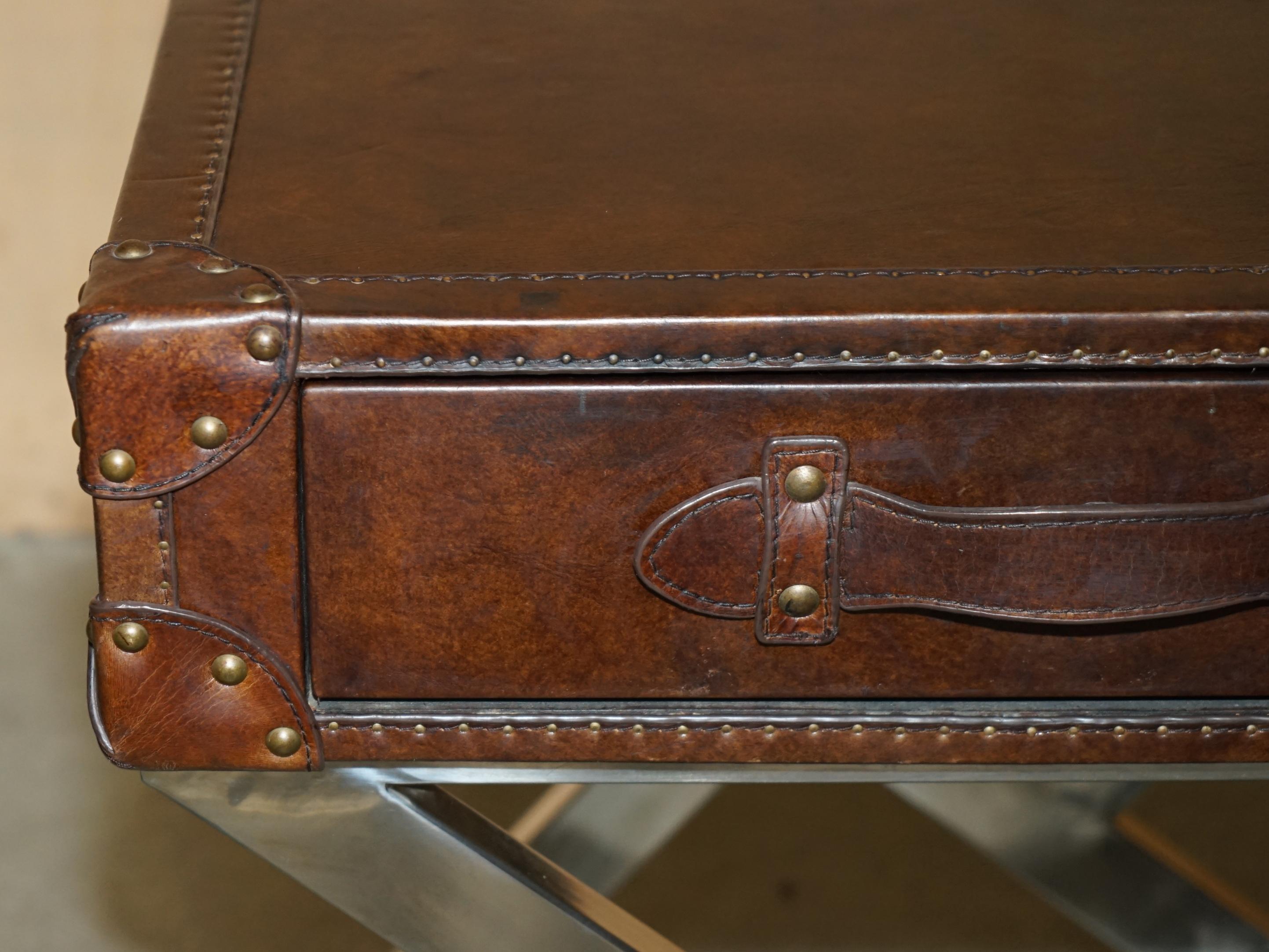 SUPER DECORATIVE HAND DYED BROWN LEATHER LUGGAGE STYLE SiDE TABLE CHROME BASE For Sale 2