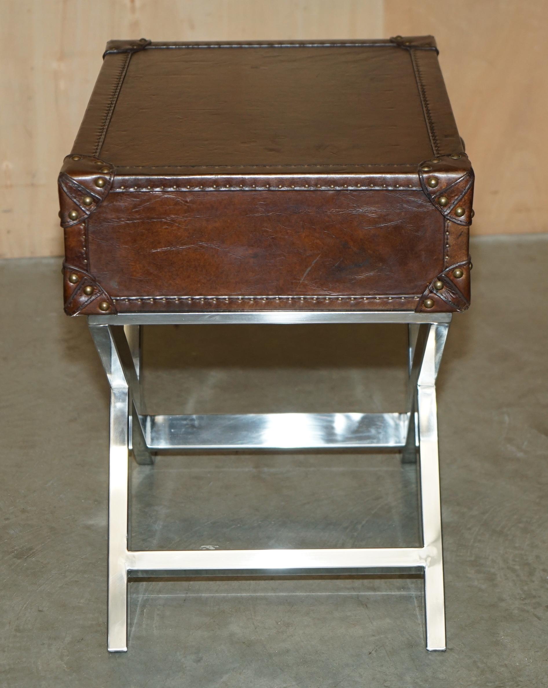 SUPER DECORATIVE HAND DYED BROWN LEATHER LUGGAGE STYLE SiDE TABLE CHROME BASE For Sale 3