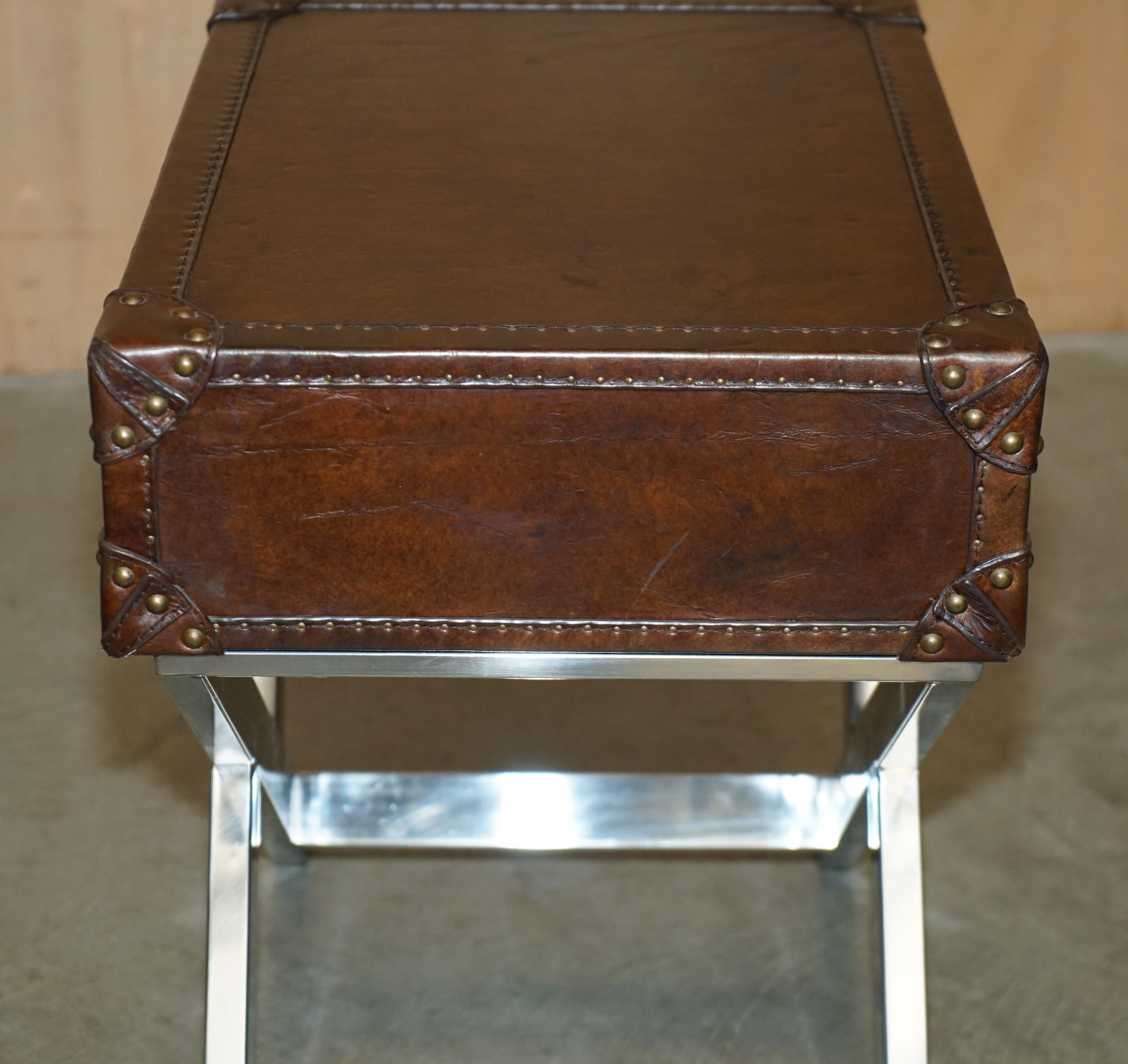 SUPER DECORATIVE HAND DYED BROWN LEATHER LUGGAGE STYLE SiDE TABLE CHROME BASE For Sale 4