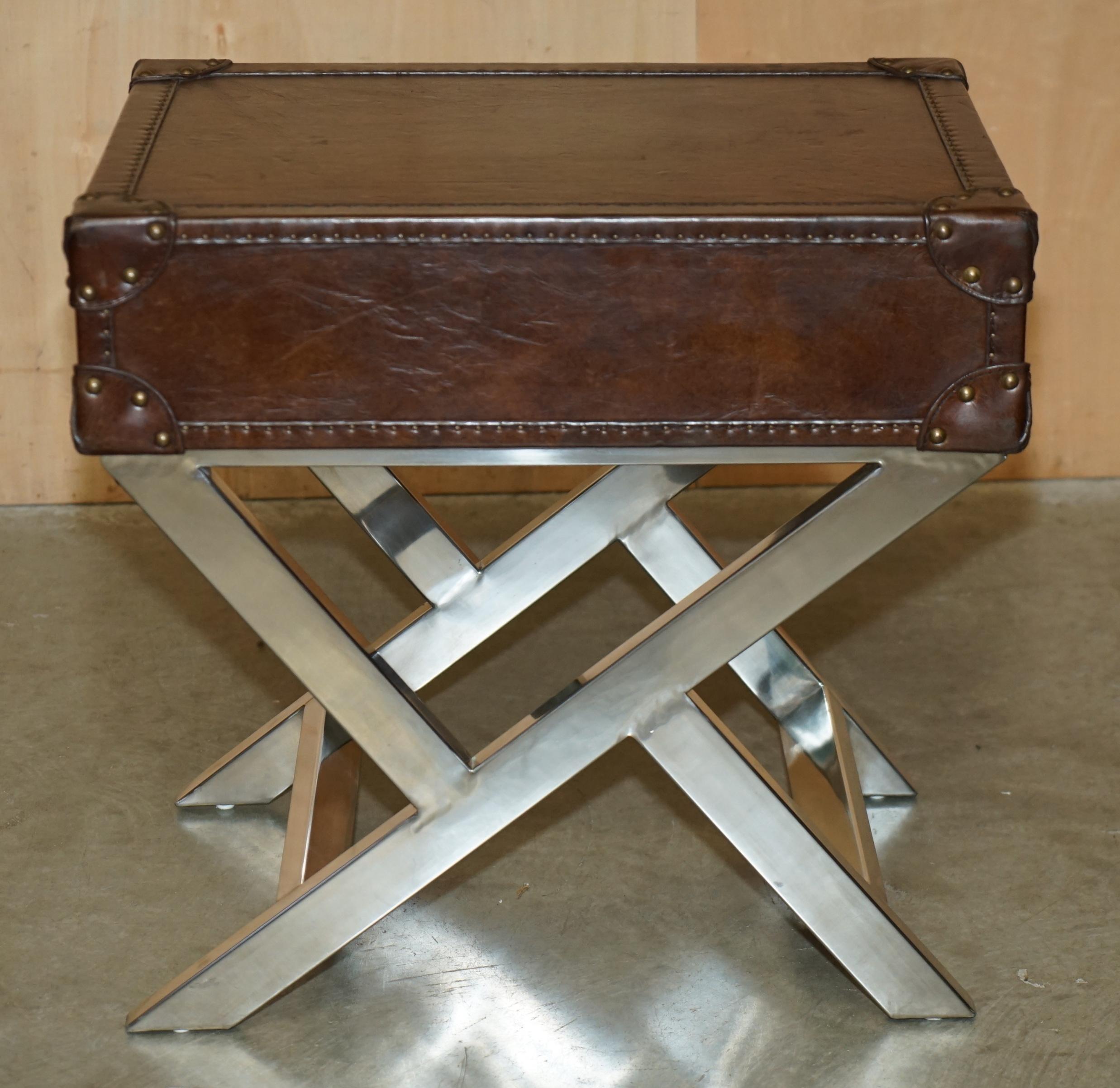 SUPER DECORATIVE HAND DYED BROWN LEATHER LUGGAGE STYLE SiDE TABLE CHROME BASE For Sale 5