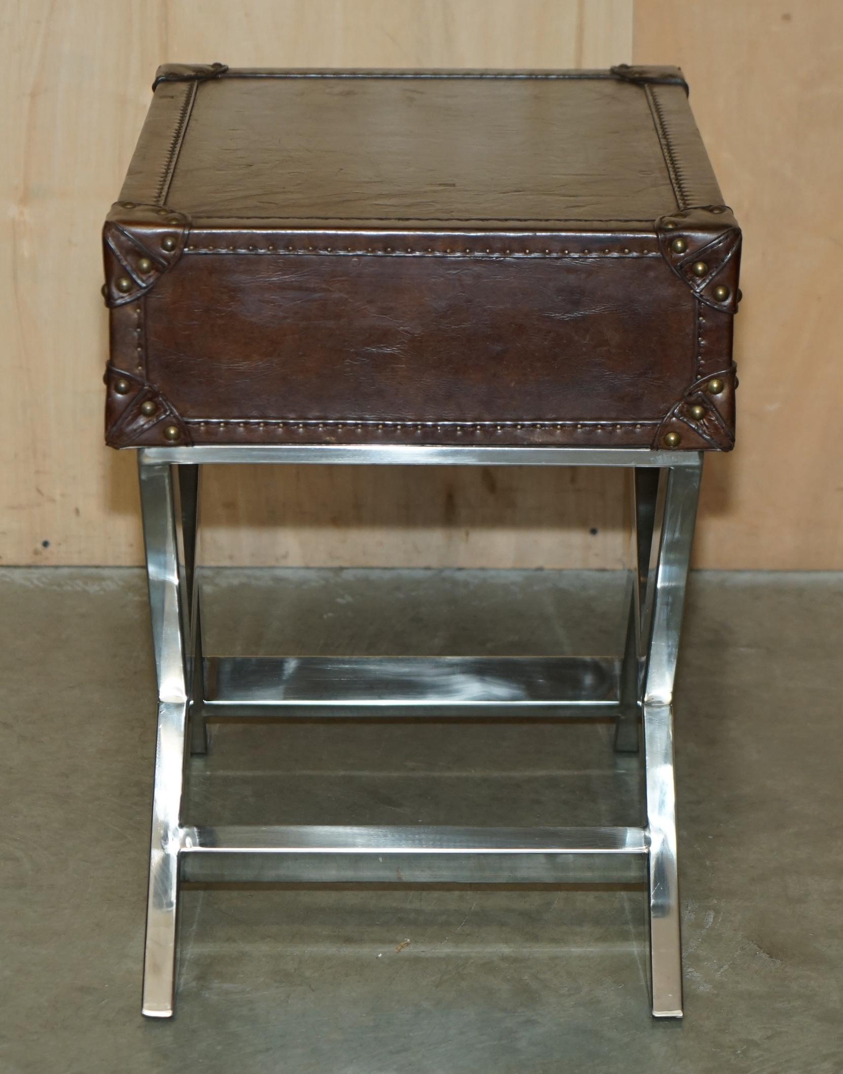 SUPER DECORATIVE HAND DYED BROWN LEATHER LUGGAGE STYLE SiDE TABLE CHROME BASE For Sale 6