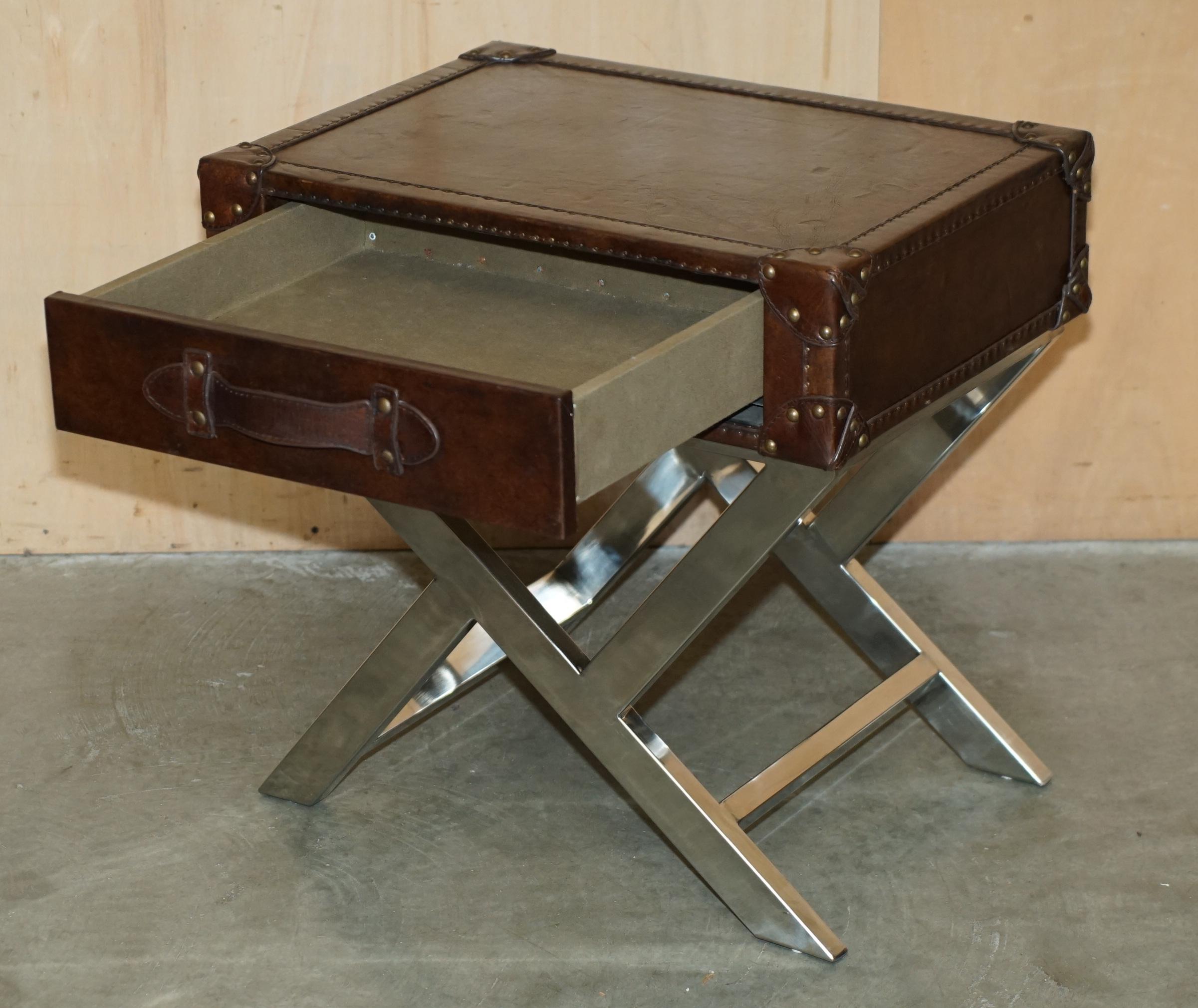 SUPER DECORATIVE HAND DYED BROWN LEATHER LUGGAGE STYLE SiDE TABLE CHROME BASE For Sale 7