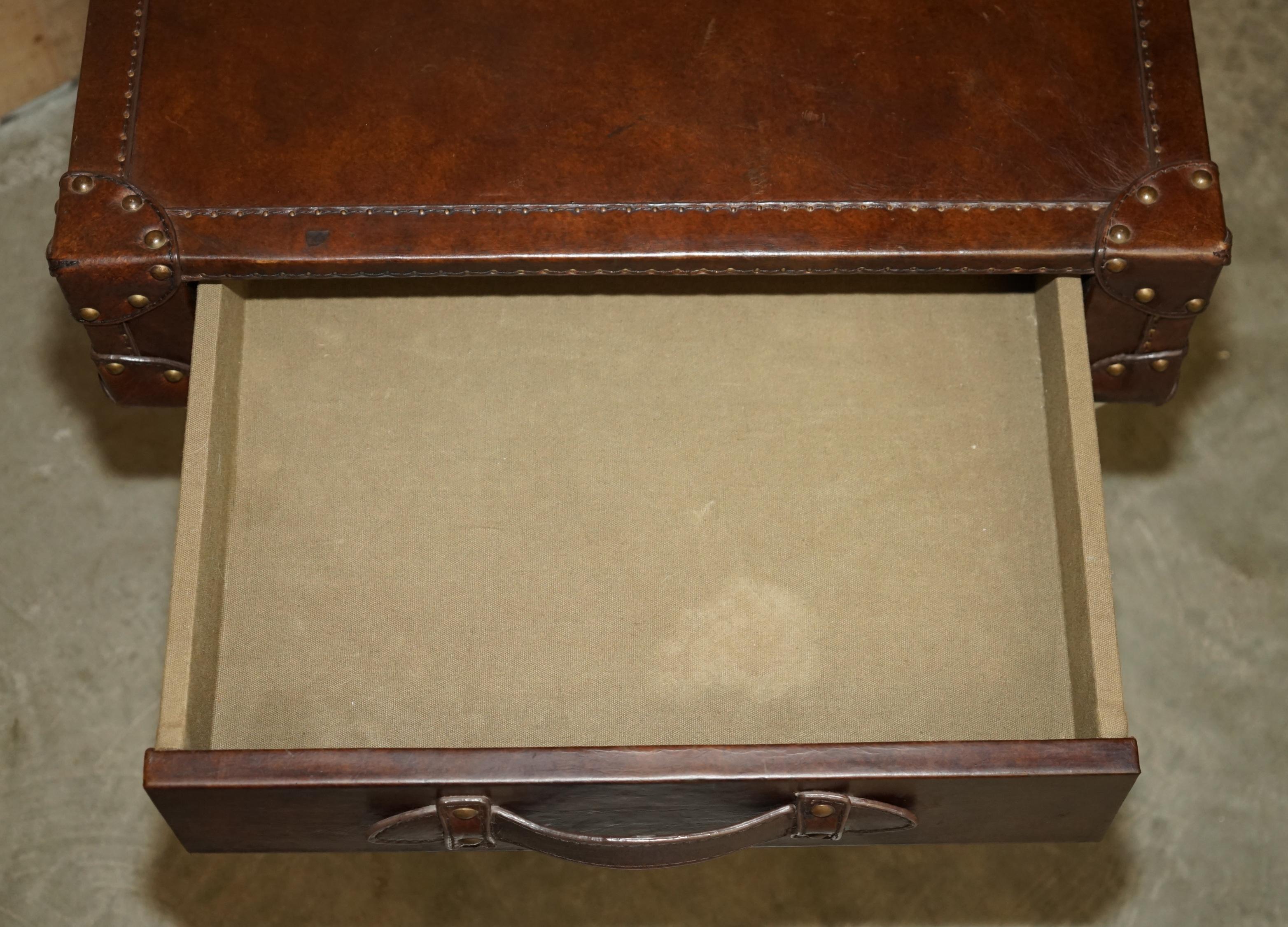 SUPER DECORATIVE HAND DYED BROWN LEATHER LUGGAGE STYLE SiDE TABLE CHROME BASE For Sale 8