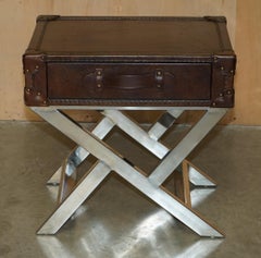 SUPER DECORATIVE HAND DYED BROWN LEATHER LUGGAGE STYLE SiDE TABLE CHROME BASE