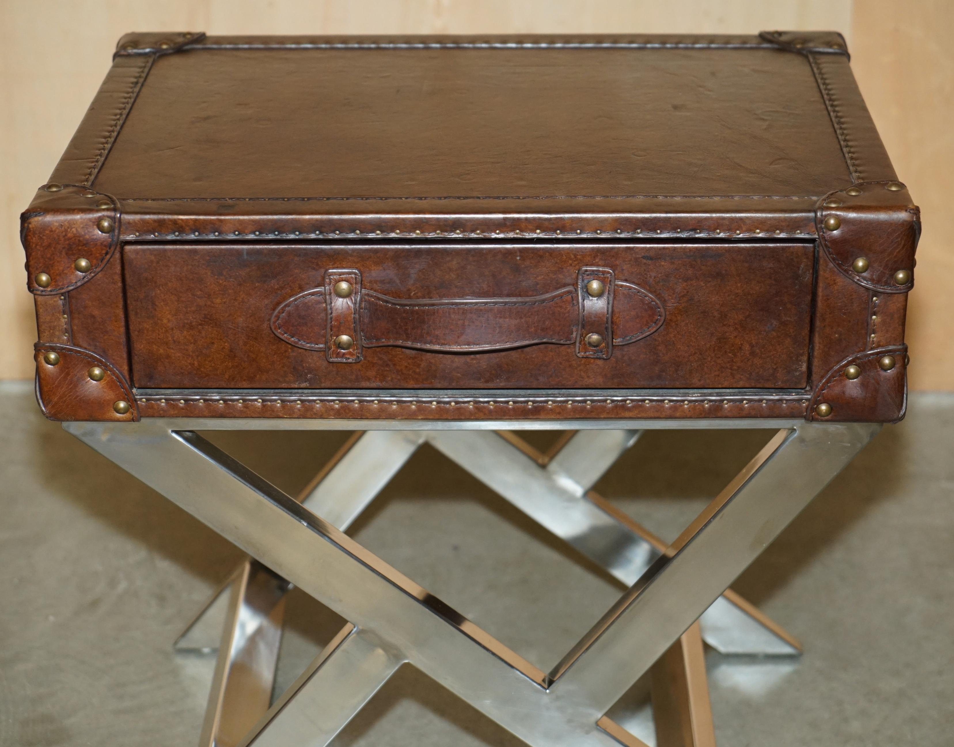 Art Deco SUPER DECORATIVE HAND DYED BROWN LEATHER LUGGAGE STYLE SiDE TABLE CHROME BASE For Sale