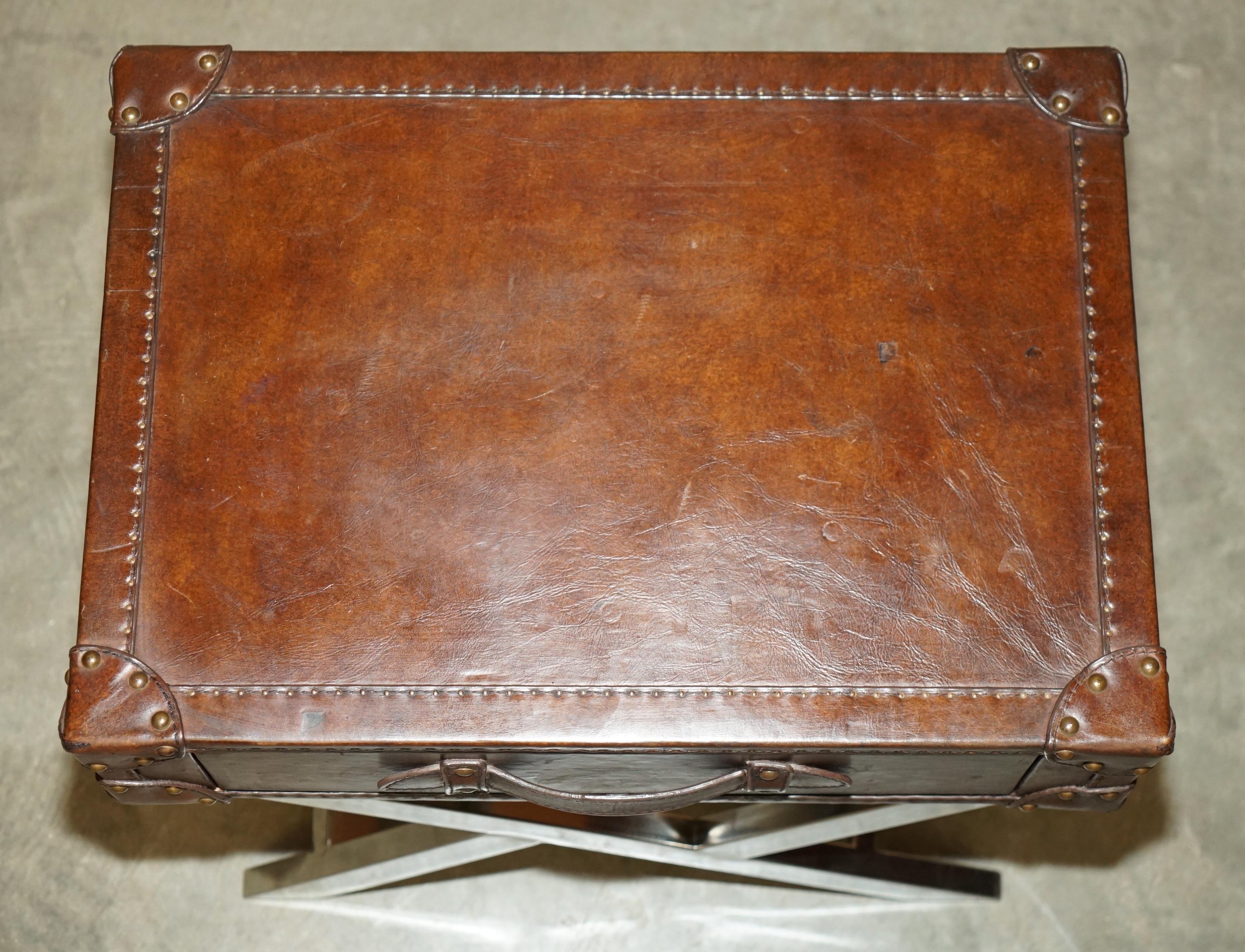 English SUPER DECORATIVE HAND DYED BROWN LEATHER LUGGAGE STYLE SiDE TABLE CHROME BASE For Sale