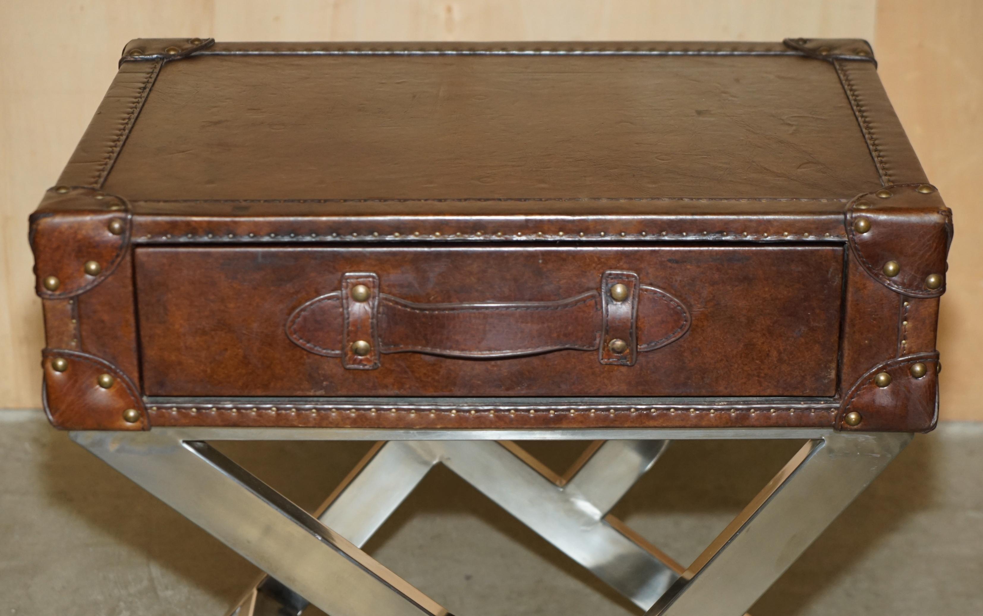 Leather SUPER DECORATIVE HAND DYED BROWN LEATHER LUGGAGE STYLE SiDE TABLE CHROME BASE For Sale