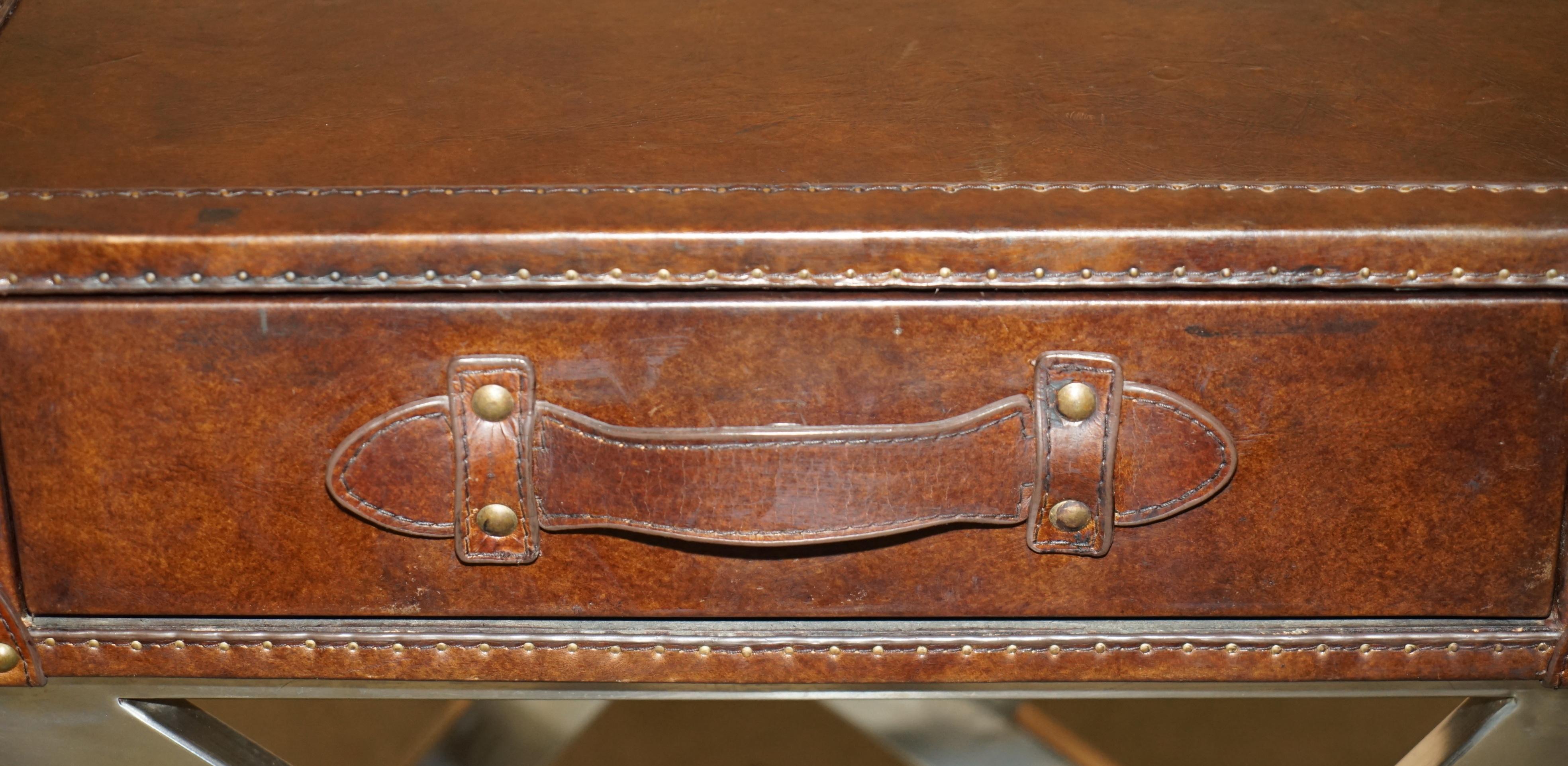 SUPER DECORATIVE HAND DYED BROWN LEATHER LUGGAGE STYLE SiDE TABLE CHROME BASE For Sale 1