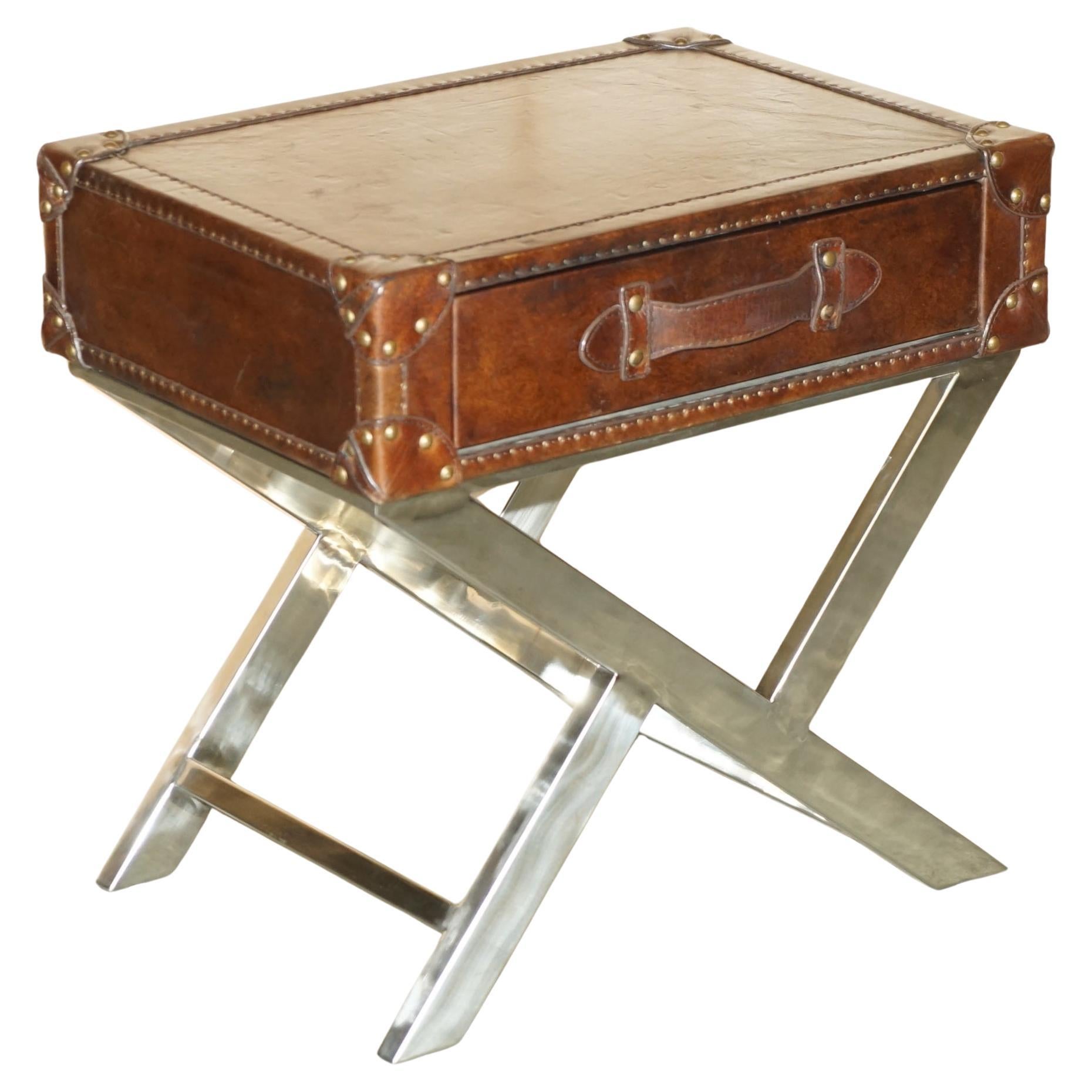 SUPER DECORATIVE HAND DYED BROWN LEATHER LUGGAGE STYLE SiDE TABLE CHROME BASE For Sale