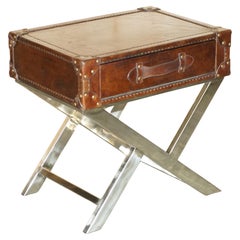 SUPER DECORATIVE HAND DYED BROWN LEATHER LUGGAGE STYLE SiDE TABLE CHROME BASE